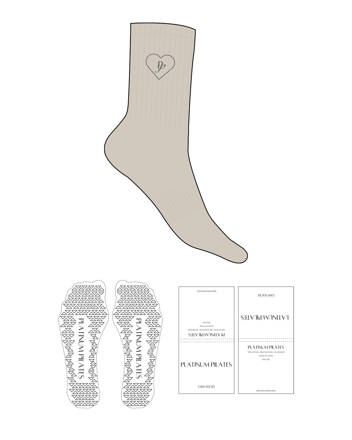 The Crew Sock - Sand - Platinum Pilates - Top Logo Heart - Embroidered - Charcoal - Triangle Grip - Transparent