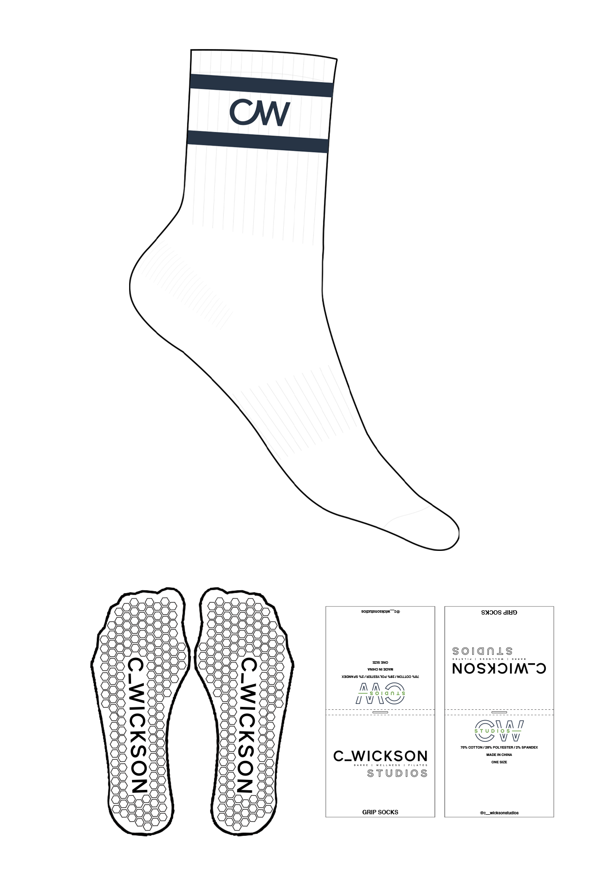 The 3/4 Crew Sock - White - C Wickson - 2 Stripes Printed - Top Logo "CW" - Embroidered - Navy - Hexagon Grip - Navy