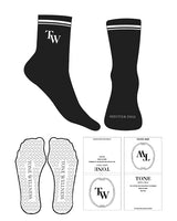 The 3/4 Crew Sock - Black - Tone Wellness Studio - Top 2 Strips - Top "TW" & Front Logo - White - Heart Shape Grip - White