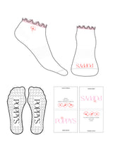 The Ankle Sock - White / Pink - Poppys Pilates - Front & Side "Embroidered" - Circle Pink Grip - Red
