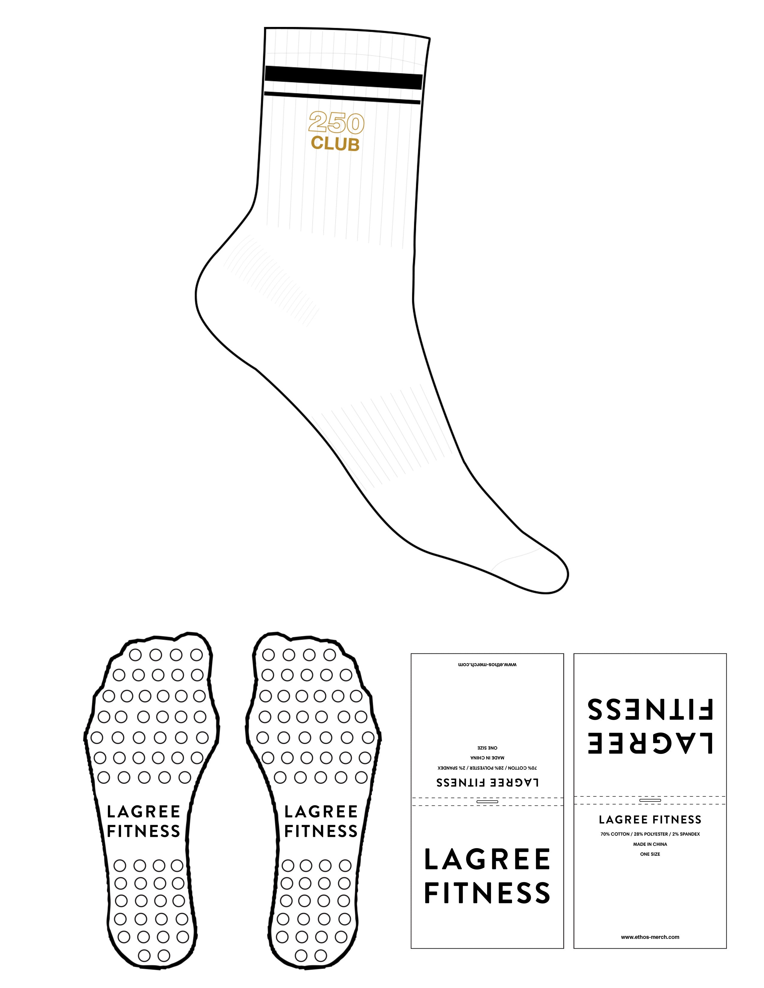 The 3/4 Crew Sock - White - Lagree Fit Expo Rewards - Stripes Printed Black - Top Logo Embroidered - Gold - Circle Grip - Black
