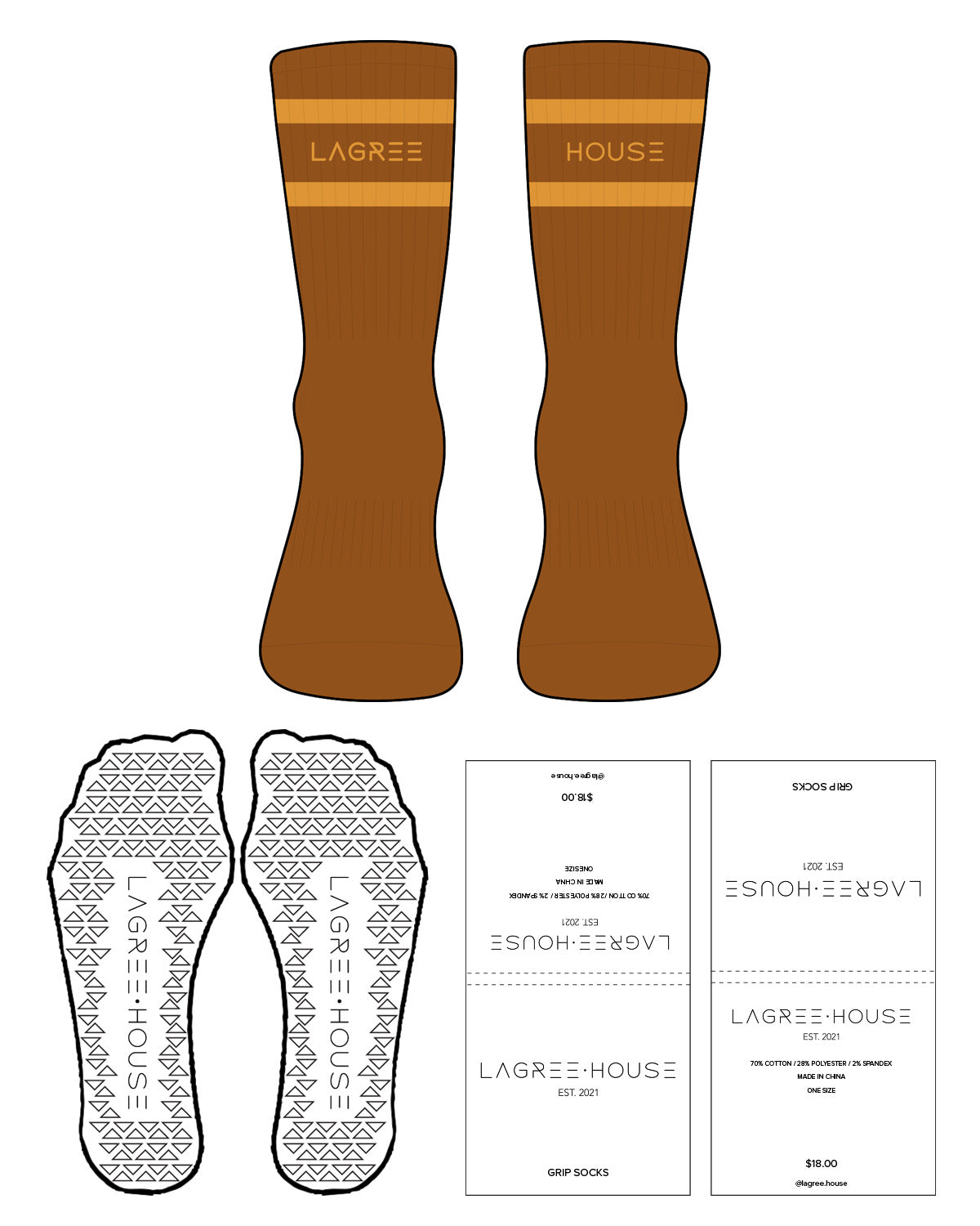 The Crew Sock - Burnt Brown - Lagree House - 2 Lines - Text In Between - Gold - Triangle Shape Grip - Transparent