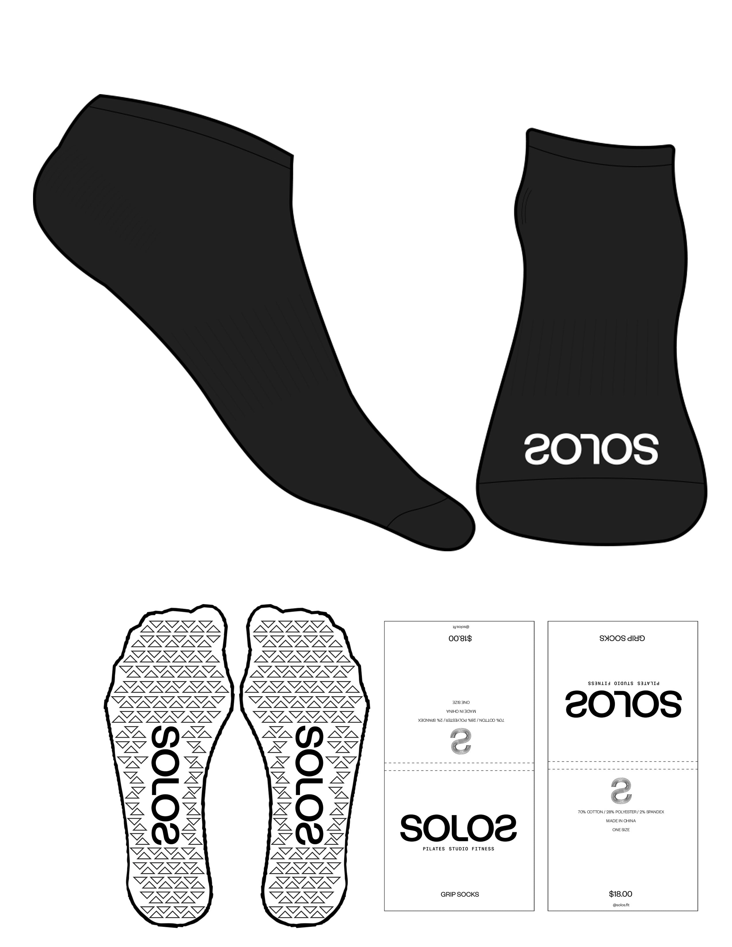 The Ankle Sock - Black - Solos Pilates - Front Logo - White - Triangle Shape Grip - White