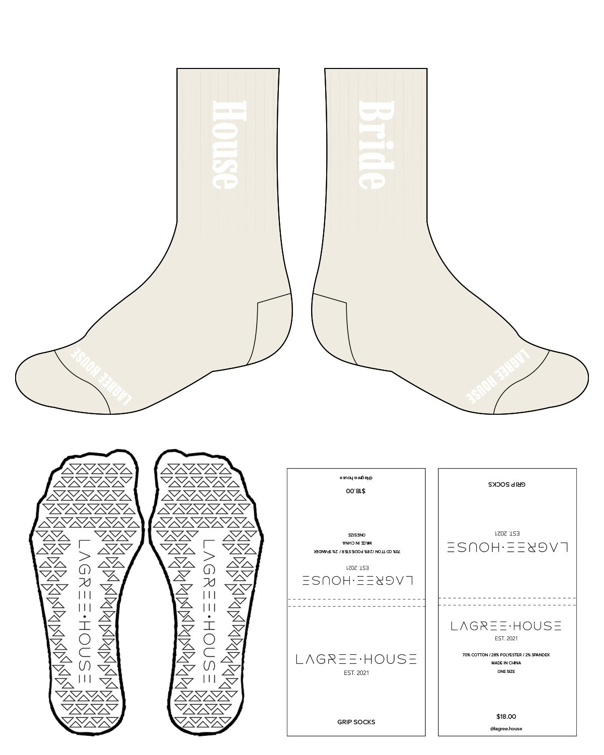 The Crew Sock - Off White - Lagree House - Top Cente Vertical - Bottom Text - White - Triangle Shape Grip - White