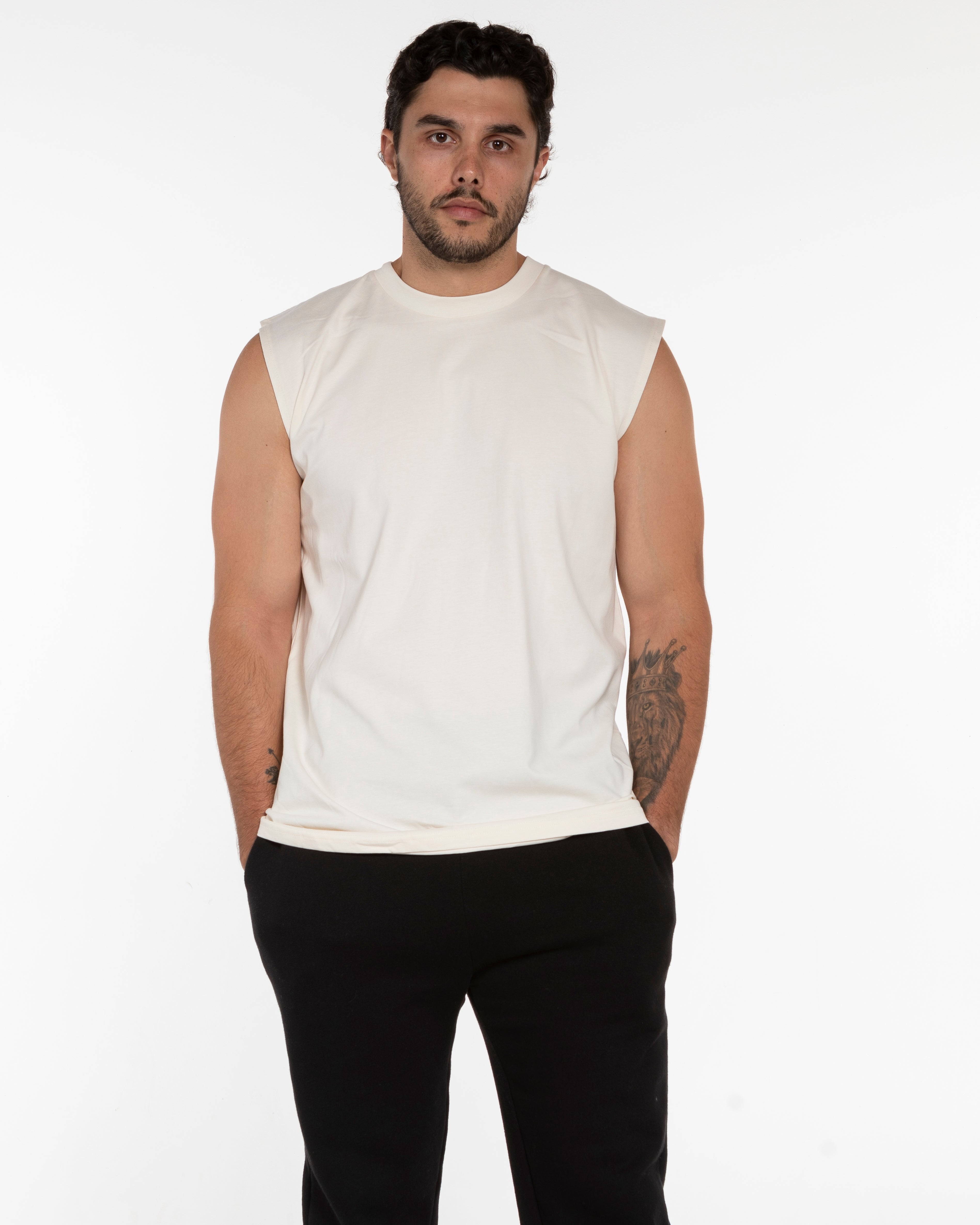The Mens Tank - Off White - Heat Bootcamp - Center Chest & Back Neckline - Black