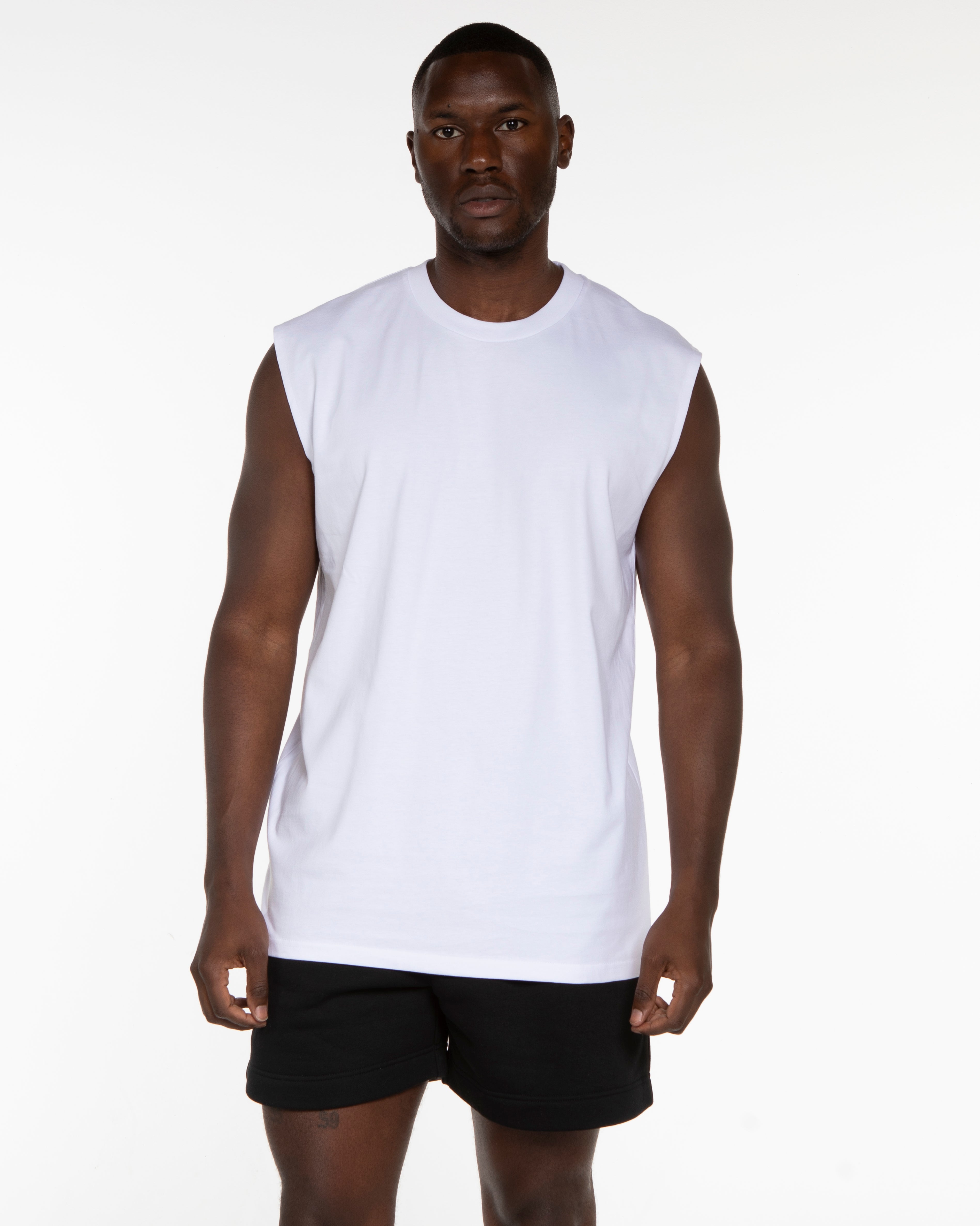 The Mens Tank - White - Fine Core Pilates - Center Chest Stacked - Printed - Black