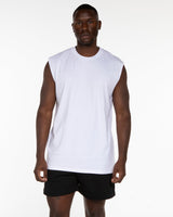 The Mens Tank - White - Fine Core Pilates - Center Chest Stacked - Printed - Black