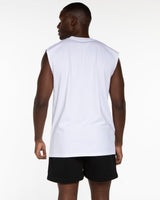 The Mens Tank - White - Fine Core Pilates - Center Chest Stacked - Printed - Black