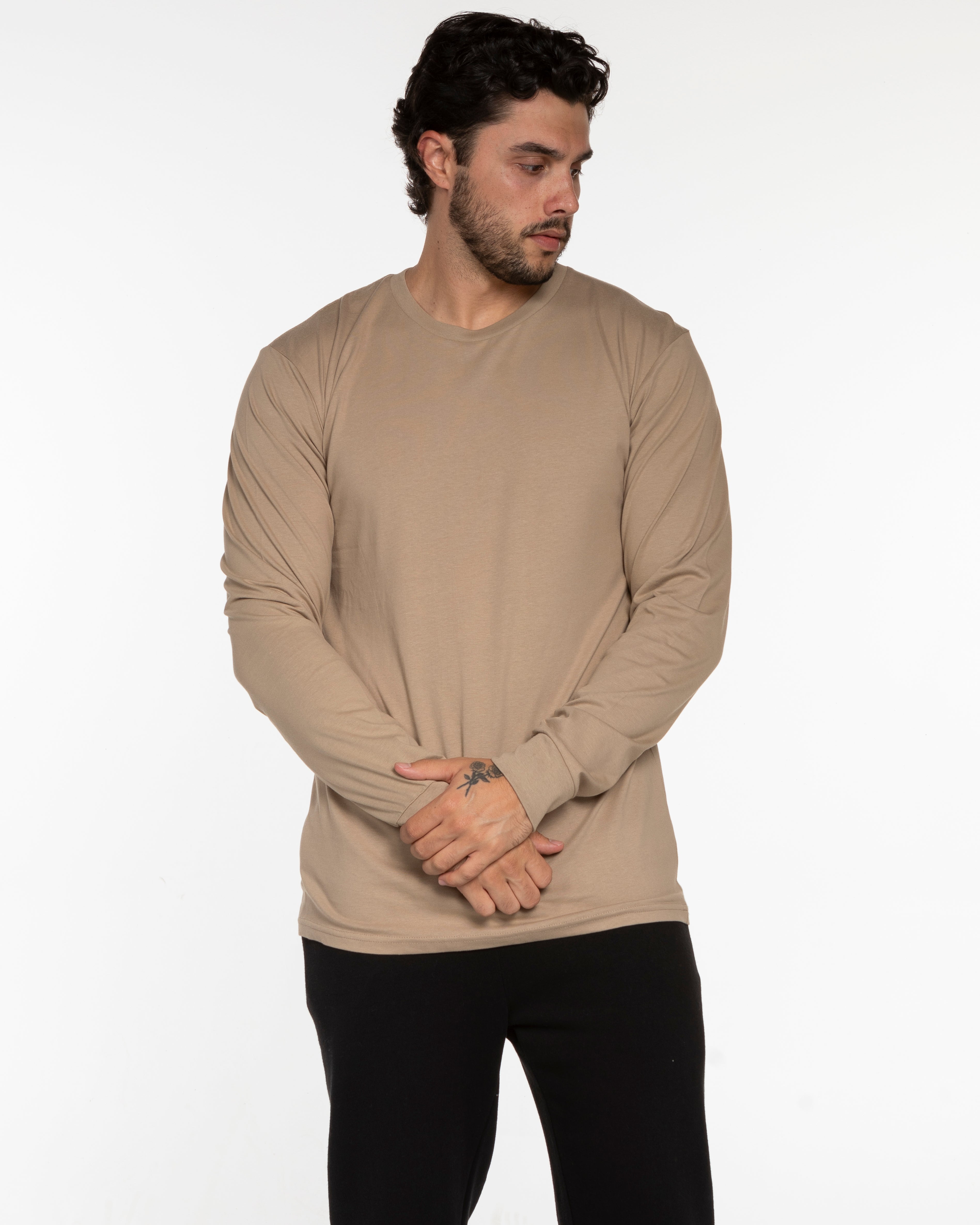 The Mens Long Sleeve - Sand - Core Reform - Center Chest Stacked & Back Left Corner - Printed - Khaki