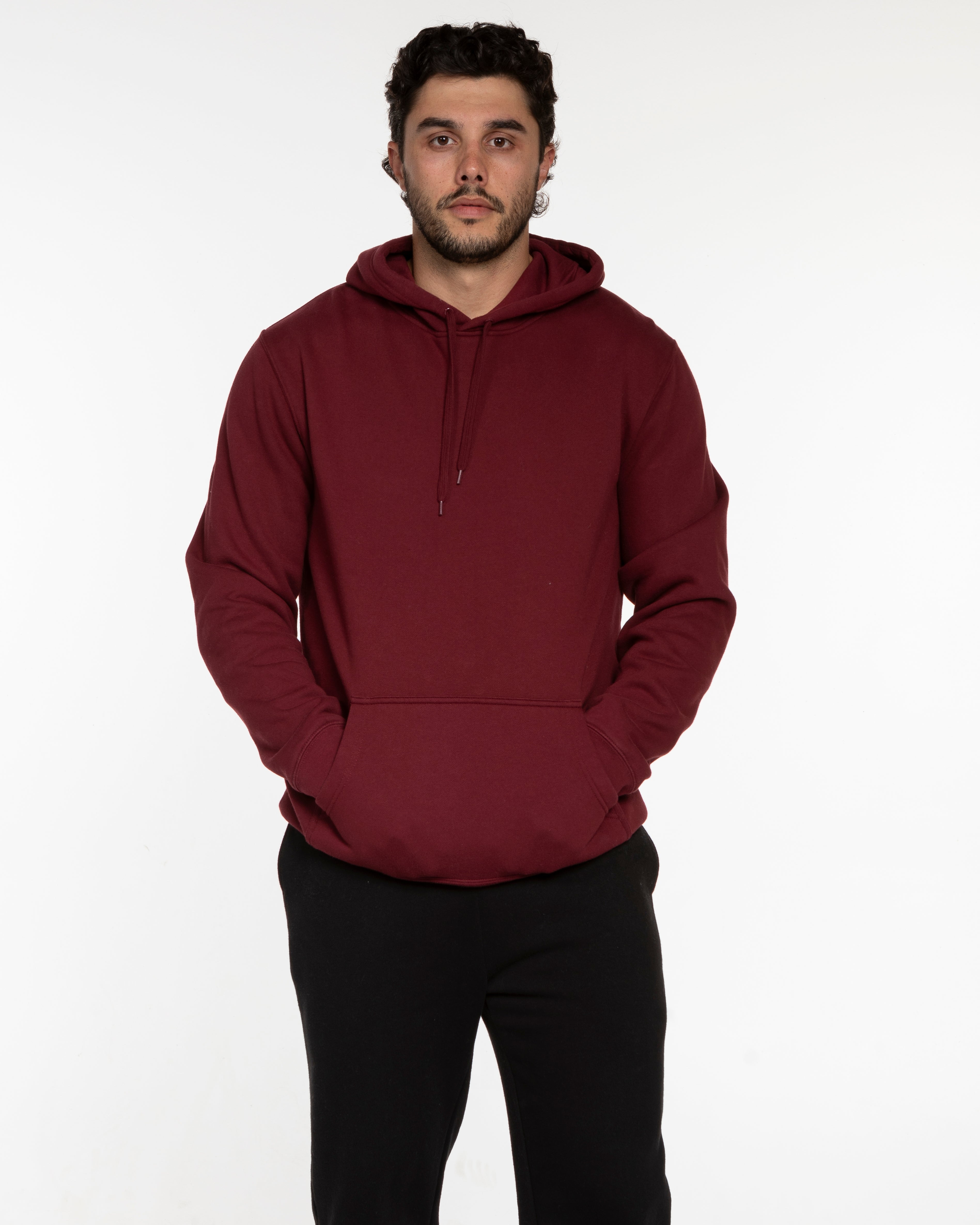 The Mens Classic Hoodie - Maroon - The Hot Room - Above Center Pocket - Embroidered - White