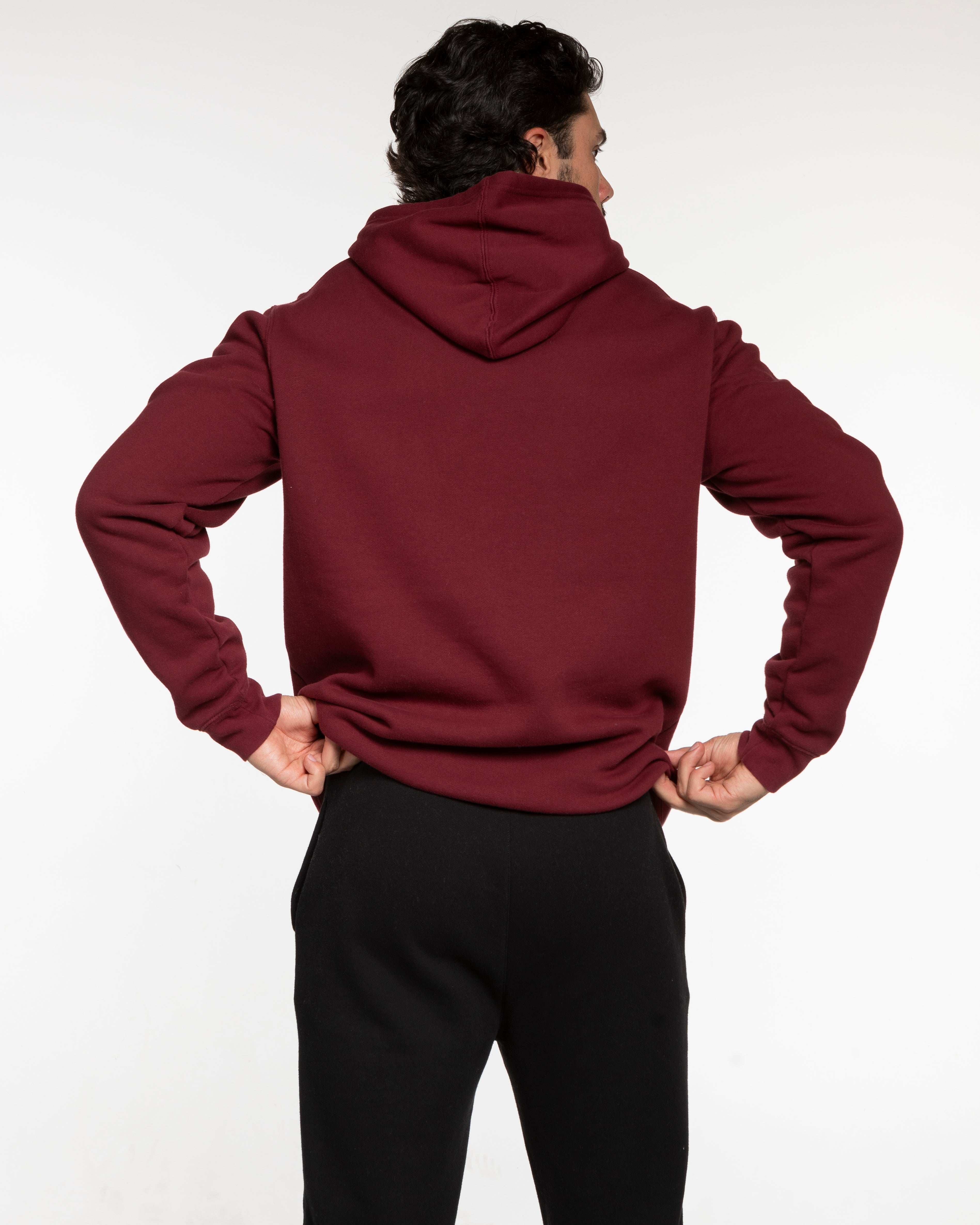 The Mens Classic Hoodie - Maroon - The Hot Room - Above Center Pocket - Embroidered - White