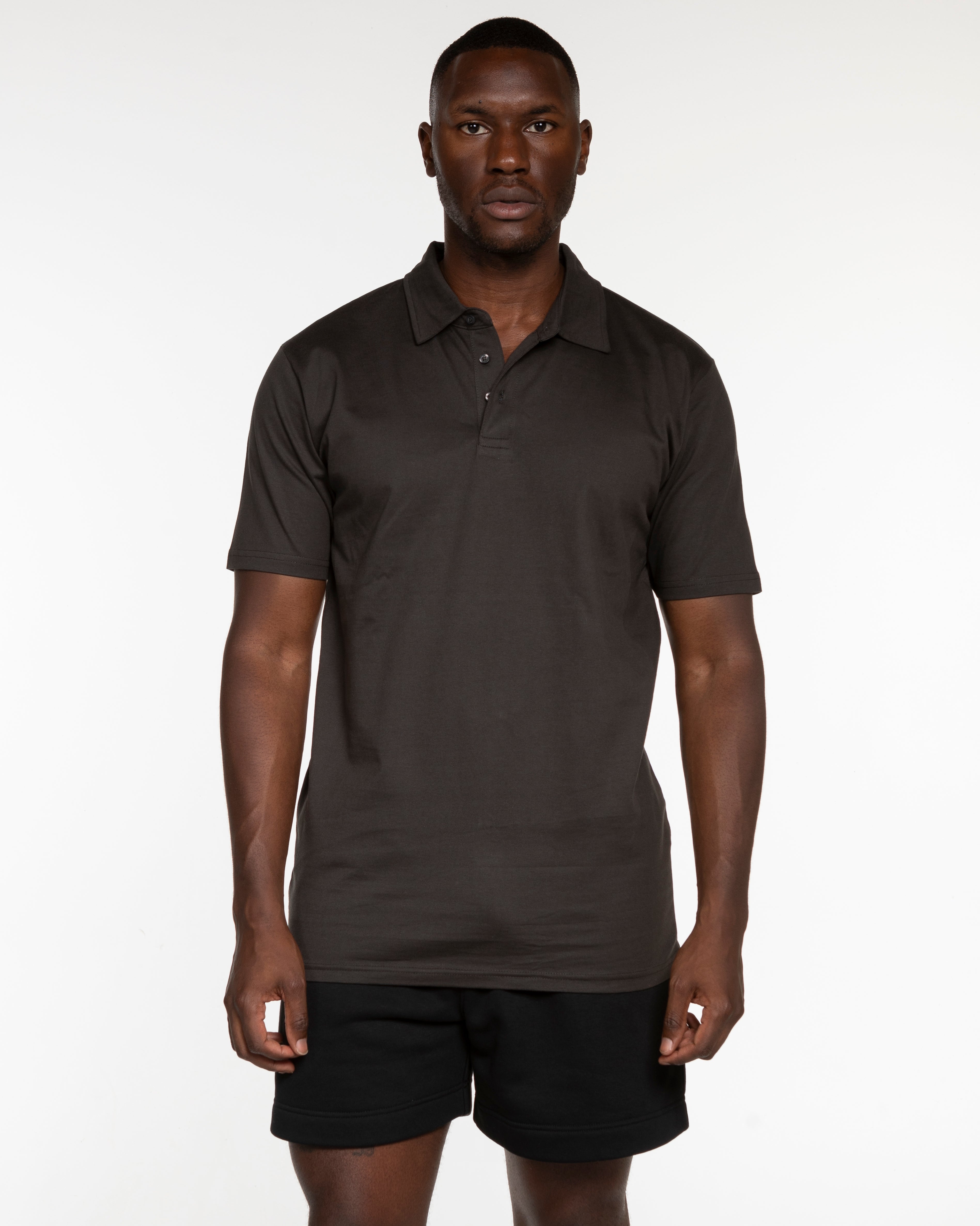 The Mens Polo - Charcoal - Chosen Foods - Left Chest Stacked - Embroidered - White