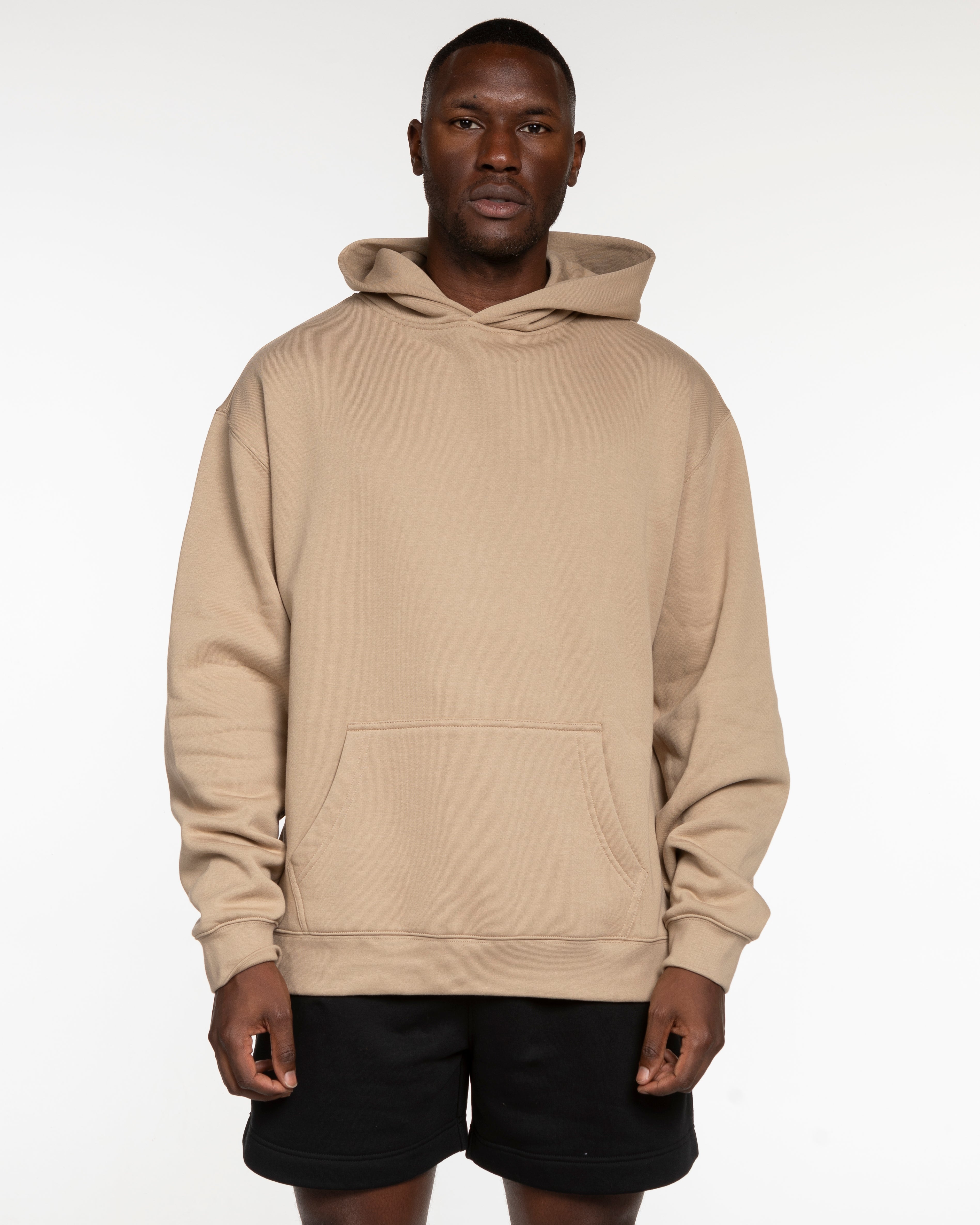 The Mens Hoodie - Sand - Mantra - Left Chest & Back Stacked - Printed - Black