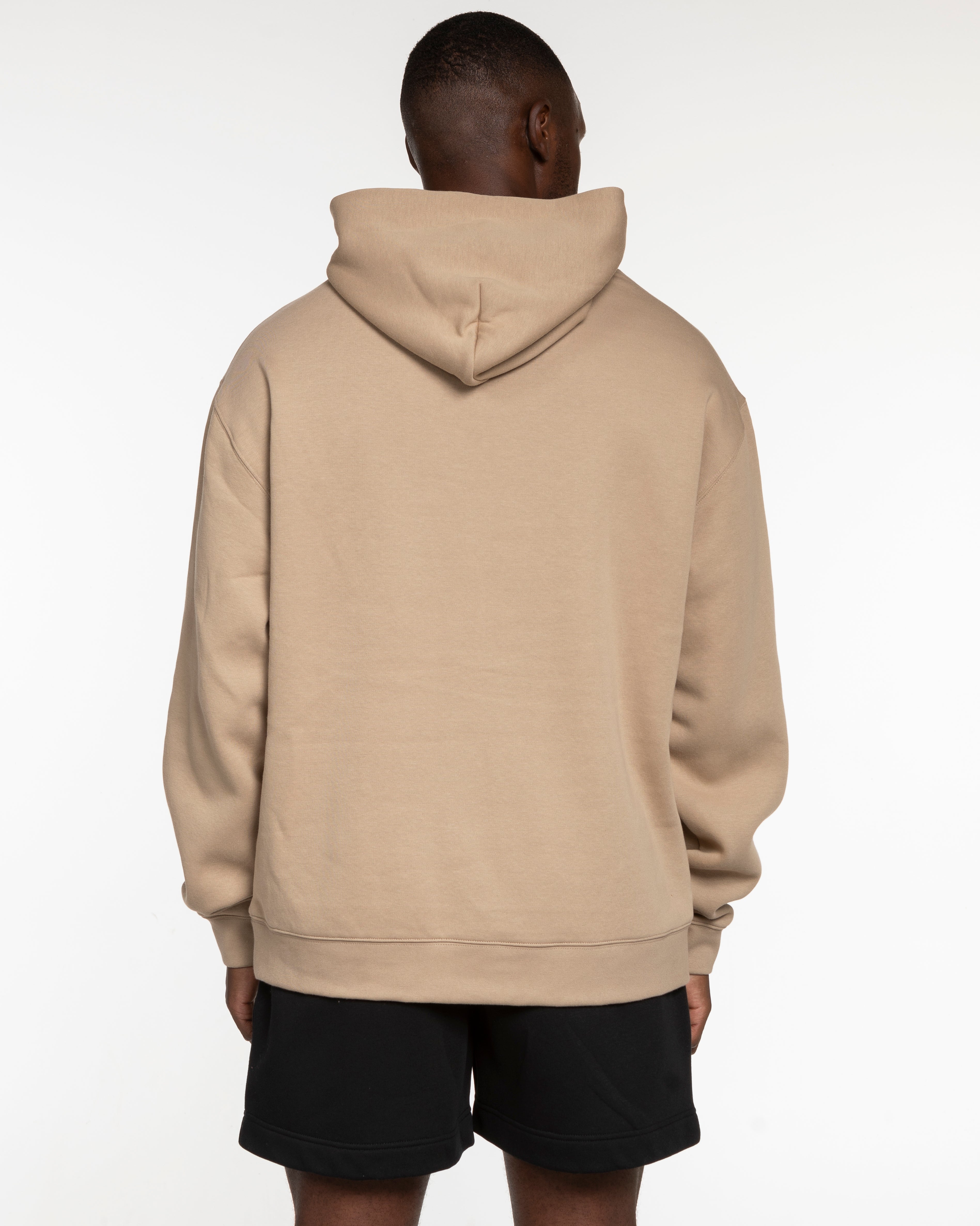The Mens Hoodie - Sand - Mantra - Left Chest & Back Stacked - Printed - Black