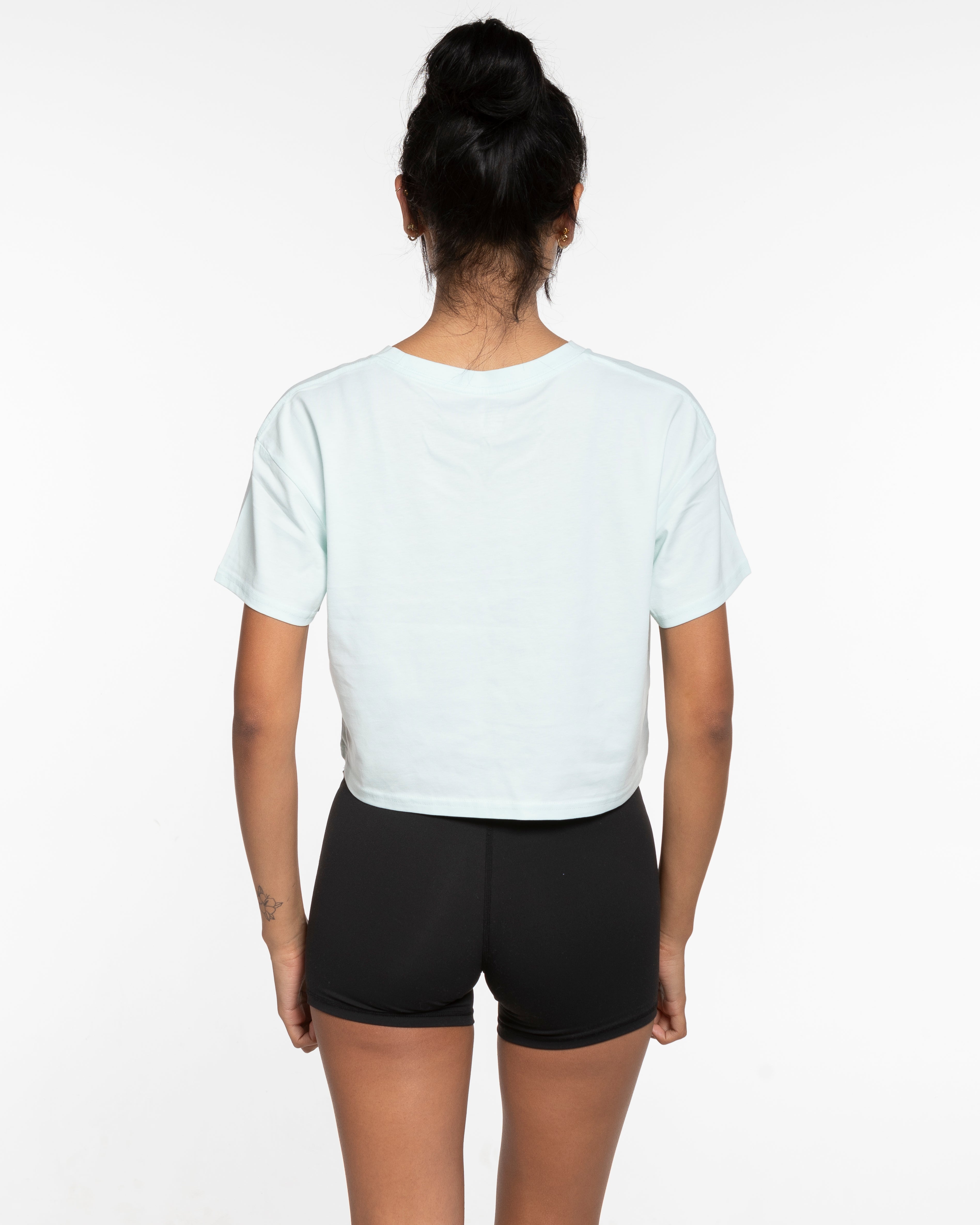 The Crop Tee - Seafoam - Wicked Core - Left Chest Stacked & Back Round - Printed - Blue