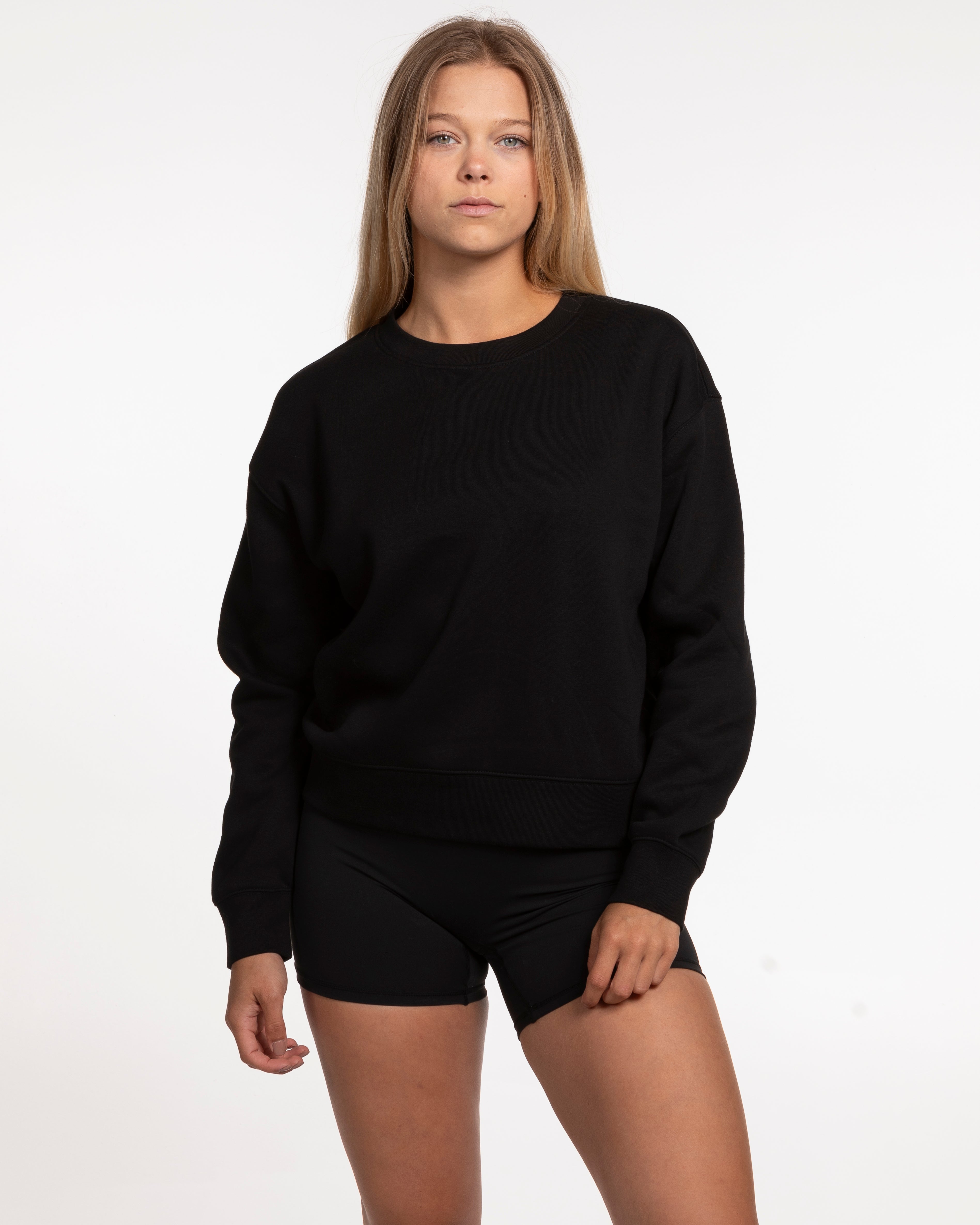The Womens Crewneck - Black - Alpha Fit - Center Chest & Full Back - White