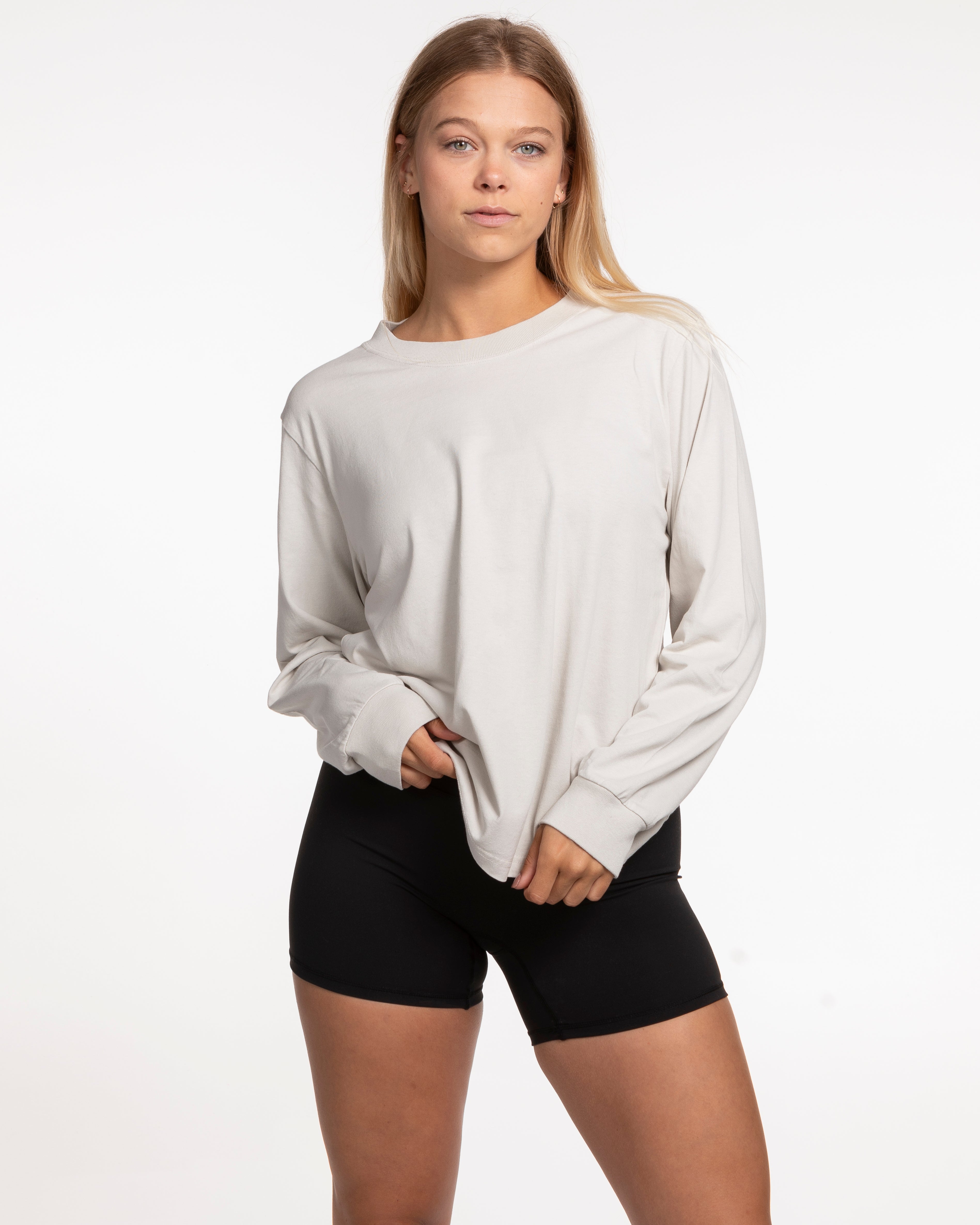 The Womens Heavyweight Long Sleeve - Washed Bone - Studio 11 - Left Chest & Back Center Stacked - Tone on Tone
