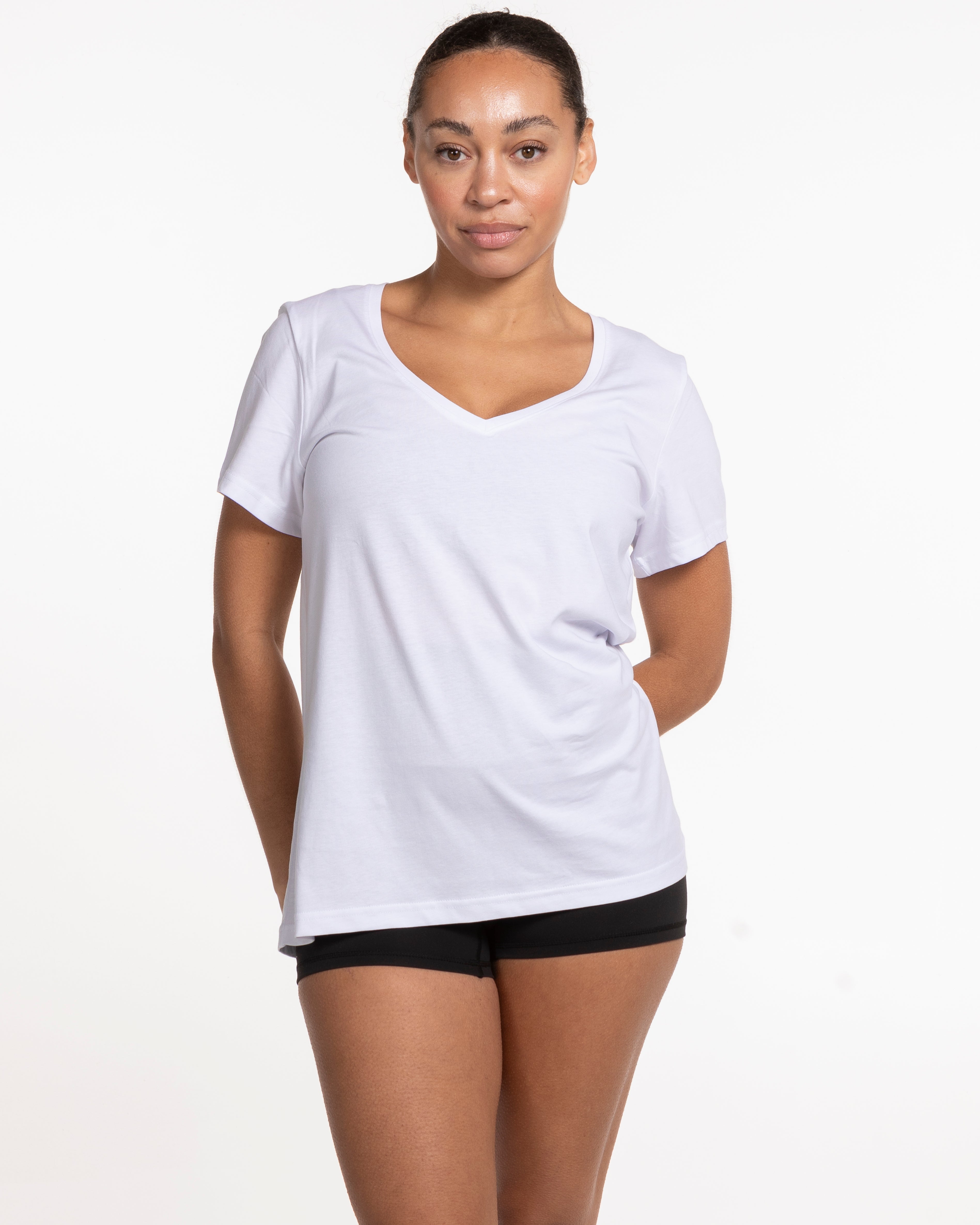 The Womens V Neck Tee - White - Core Reform - Left Chest - Printed - Black