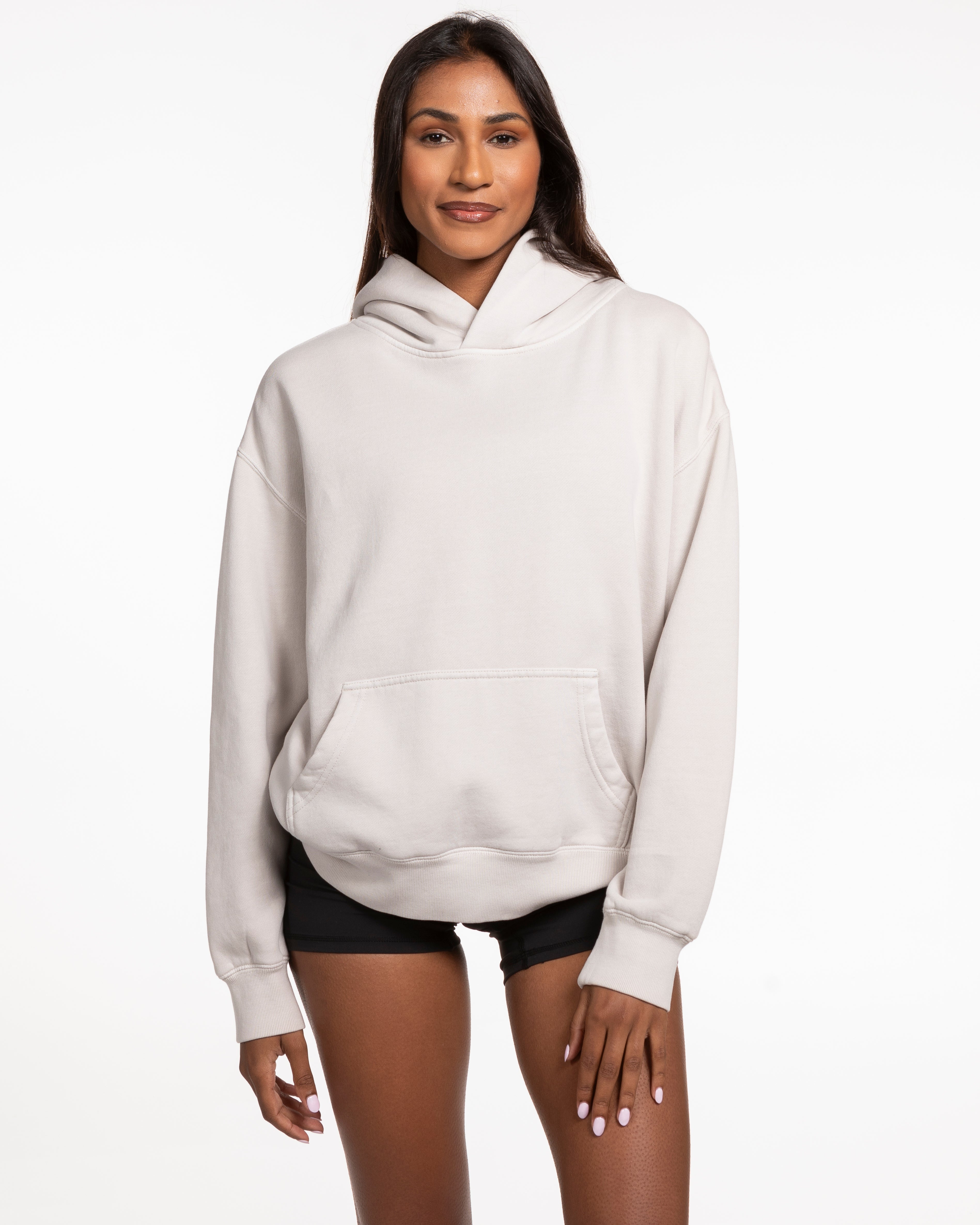 The Womens Hoodie - Washed Bone - Alpha Fit - Center Chest Stacked - Tone on Tone