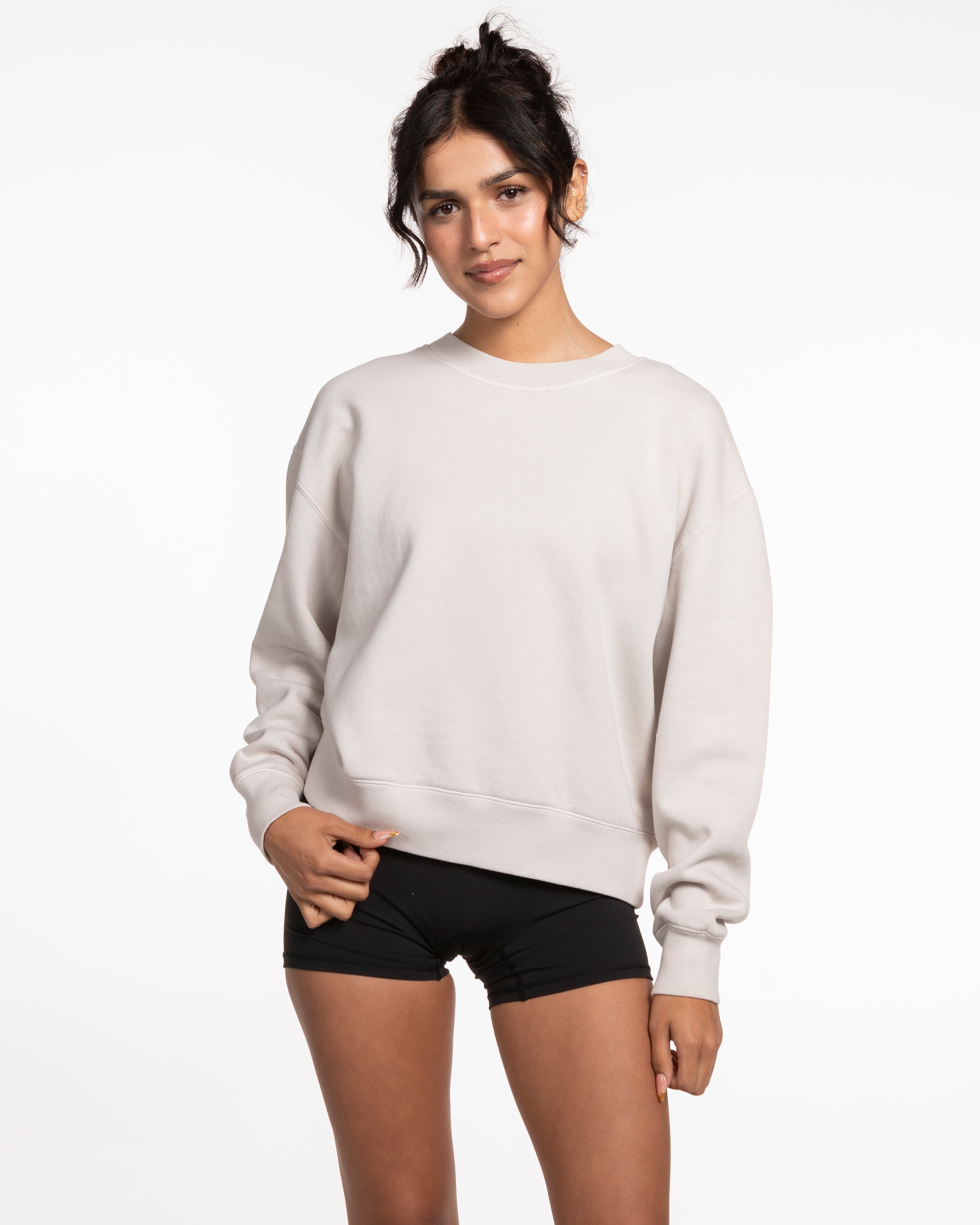 The Womens Crewneck - Washed Bone - STUDIO 7 - Center Chest Arc Stacked - Printed - Tone on Tone