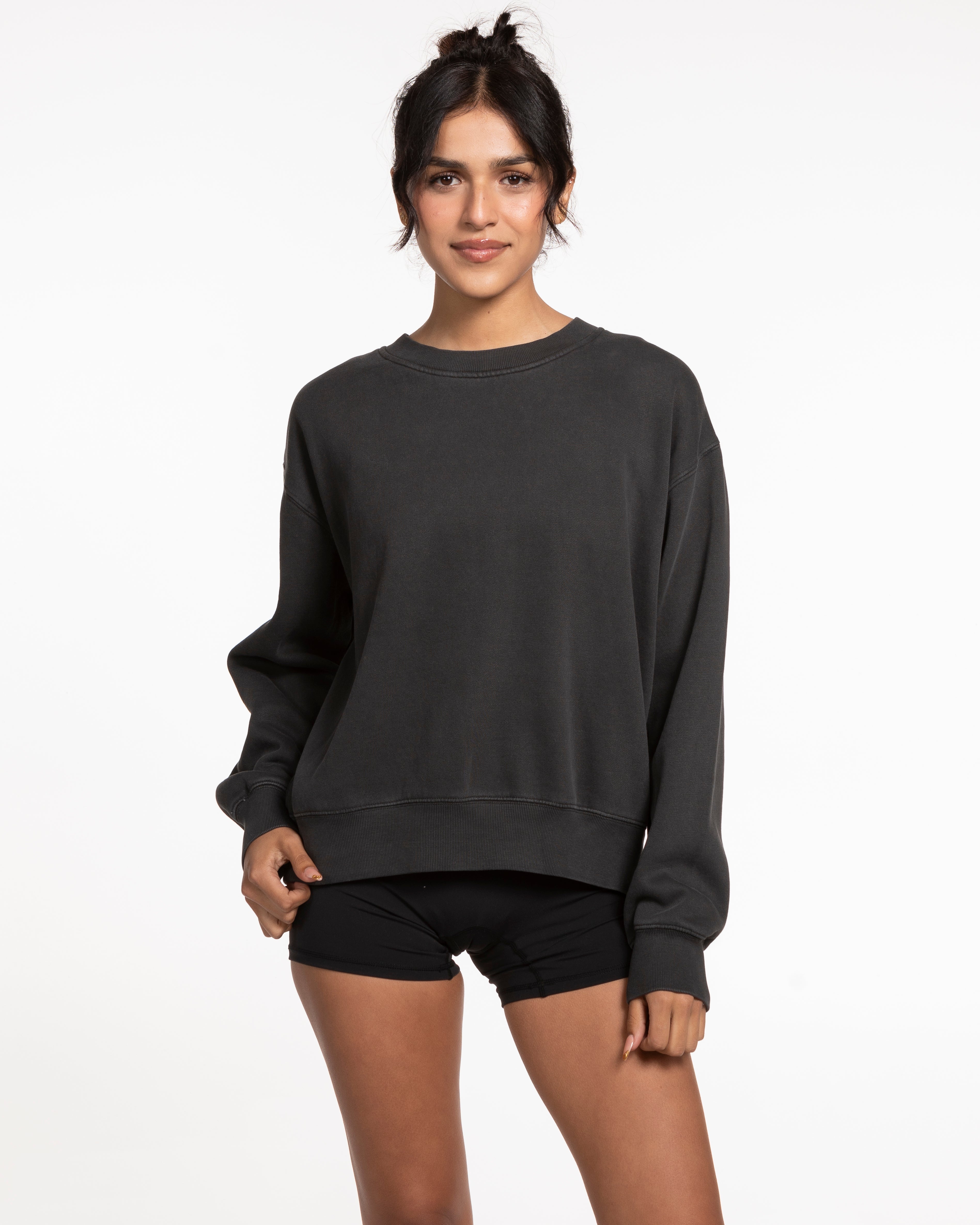 The Womens Crewneck - Washed Black - Fed By The Fruit - Left Chest & Back Stacked