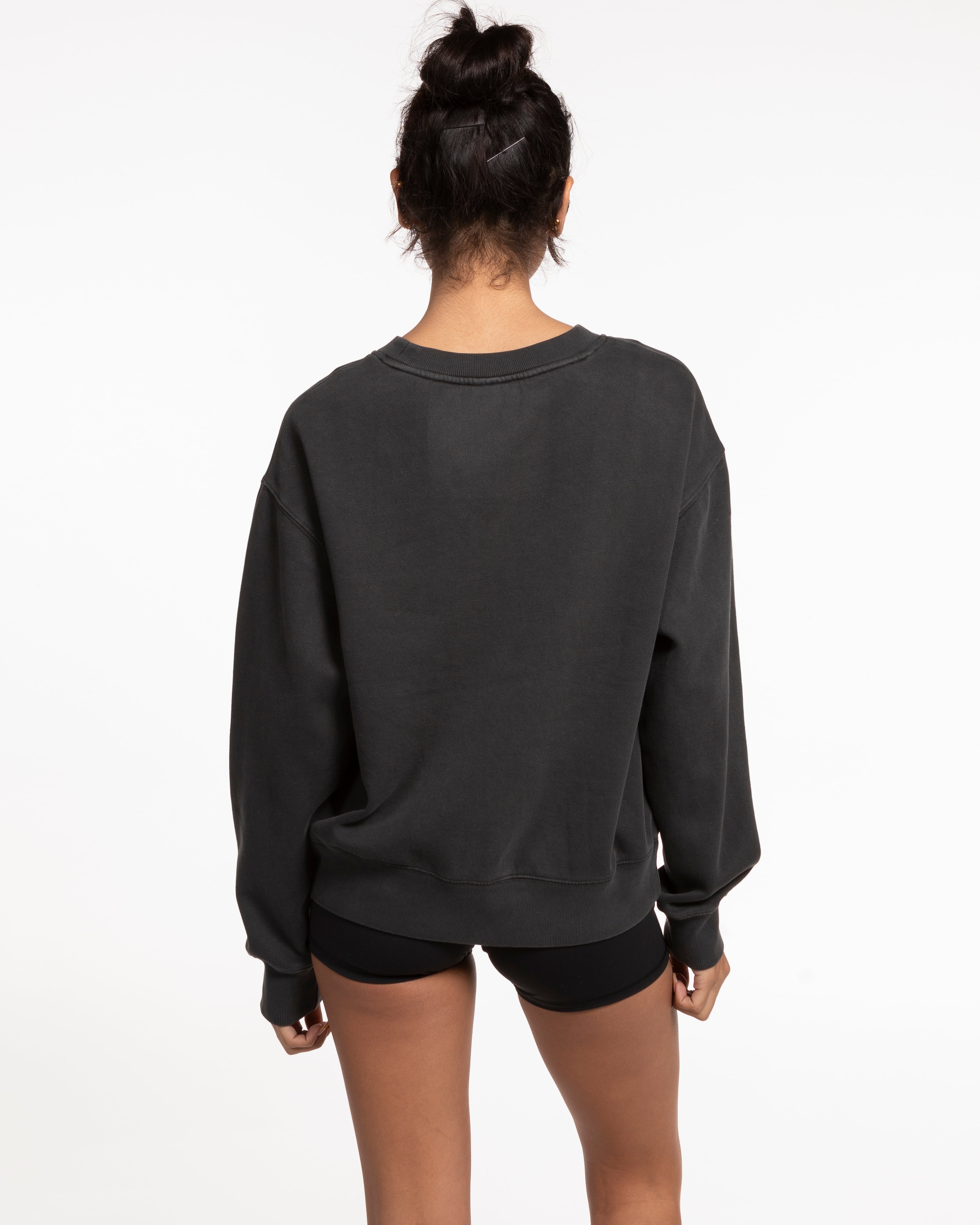 The Womens Crewneck - Washed Black - Fed By The Fruit - Left Chest & Back Stacked