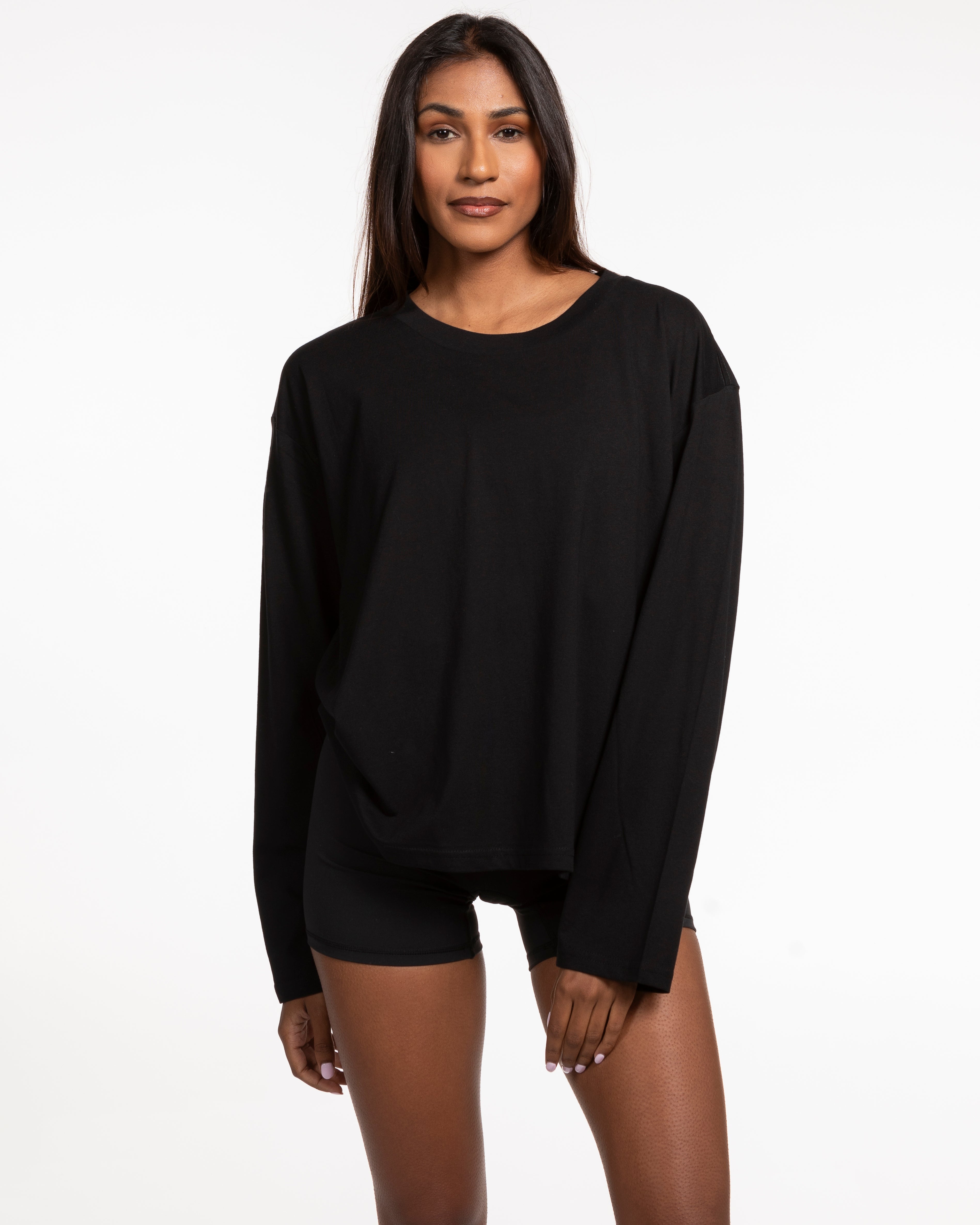 The Womens Oversized Long Sleeve - Black - Alpha Fit - Left Chest Stacked - Yellow