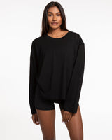 The Womens Oversized Long Sleeve - Black - Alpha Fit - Left Chest Stacked - Yellow