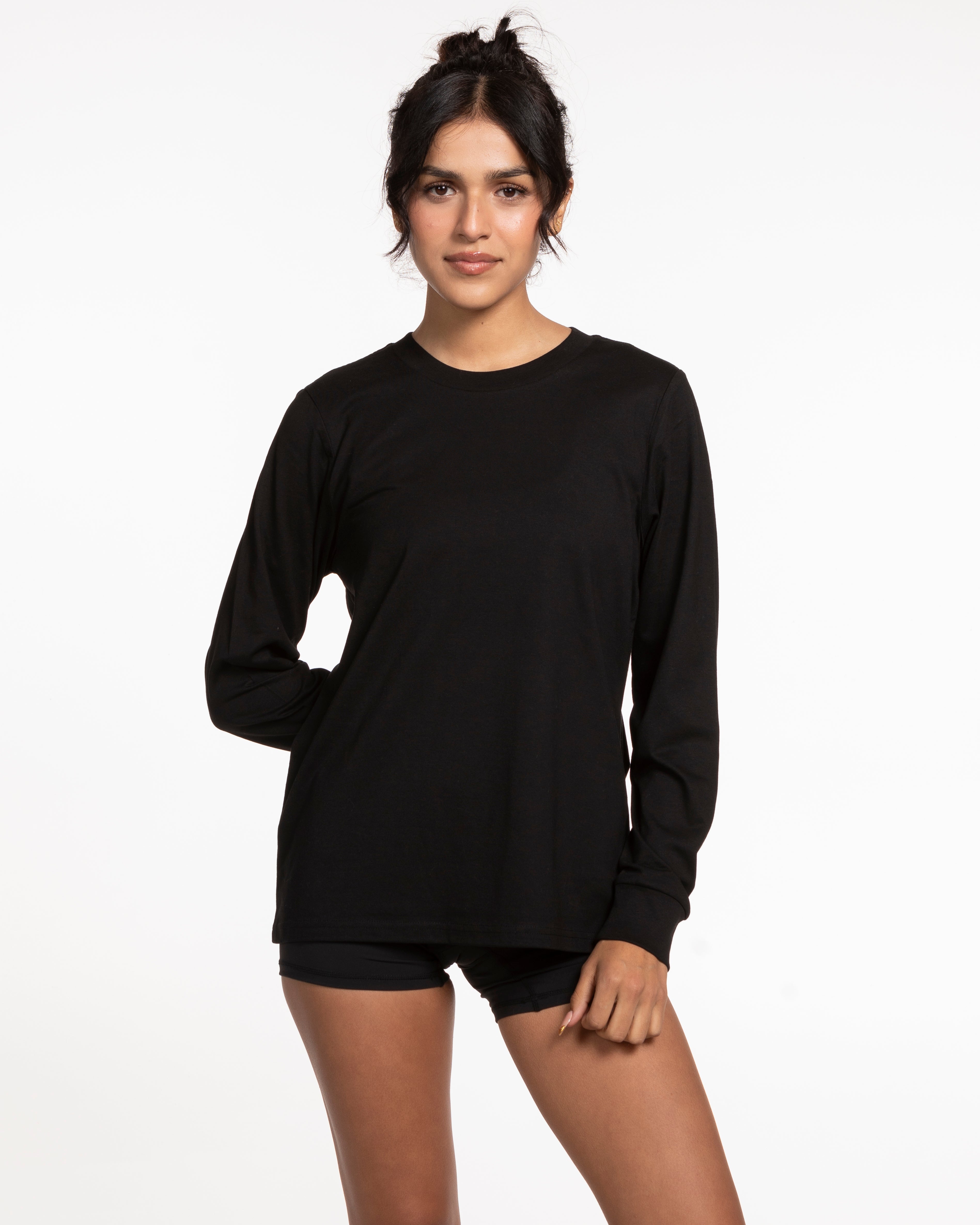 The Womens Long Sleeve - Black - Studio47 Pilates - Left Sleeve - Back Neckline - Printed - Black