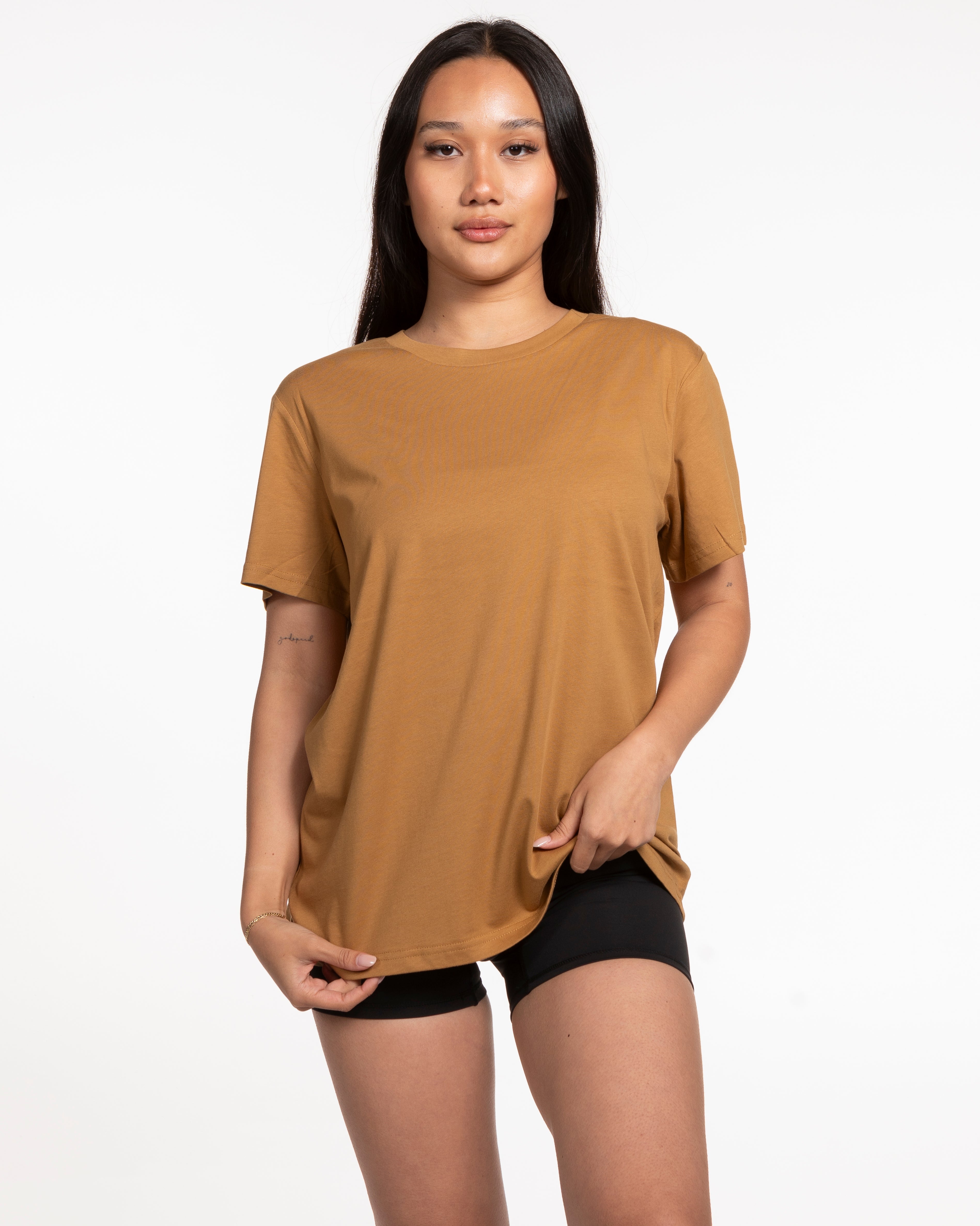 The Womens Tee - Camel - EVERCORE - Center Chest Stacked - Printed - White