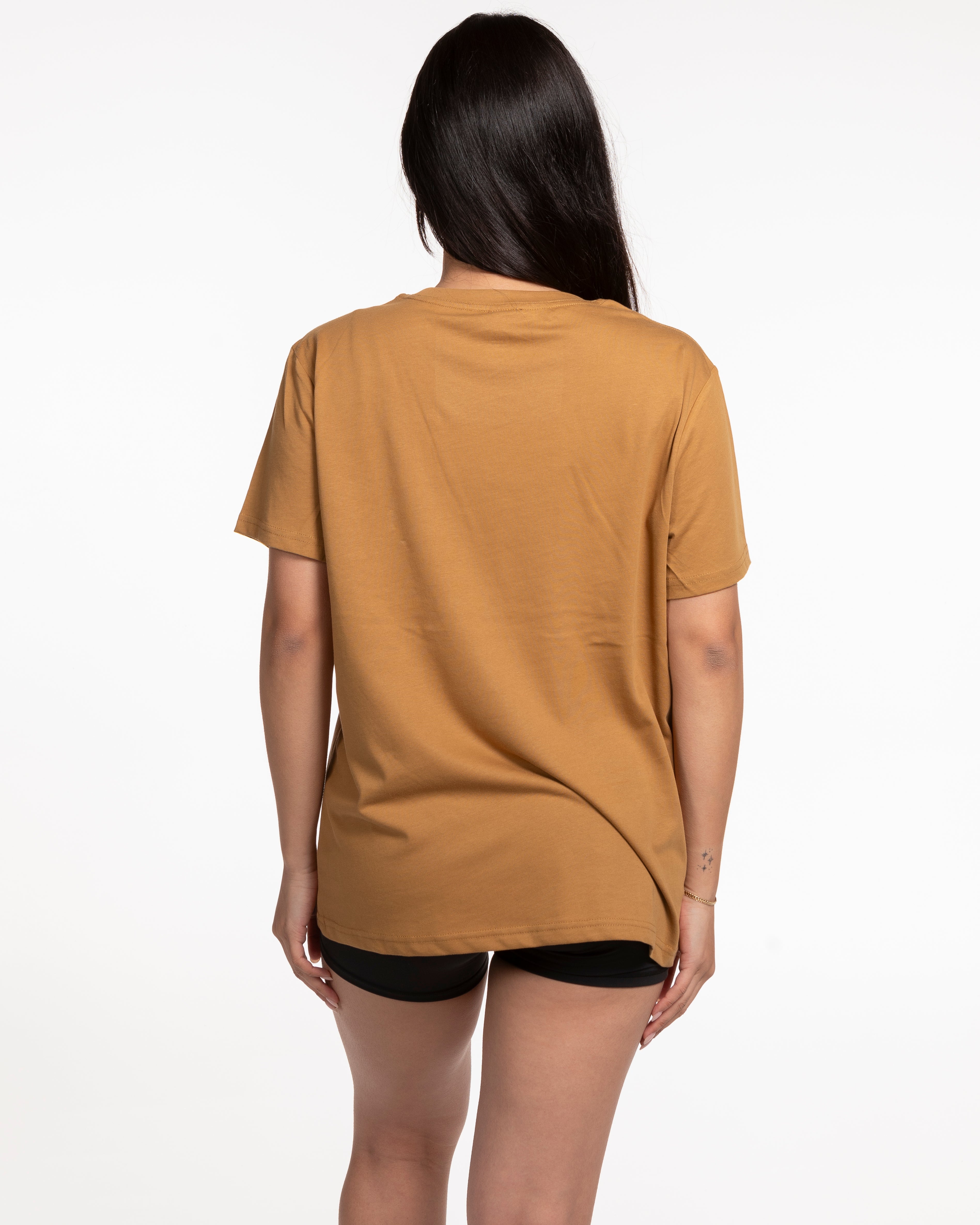 The Womens Tee - Camel - EVERCORE - Center Chest Stacked - Printed - White