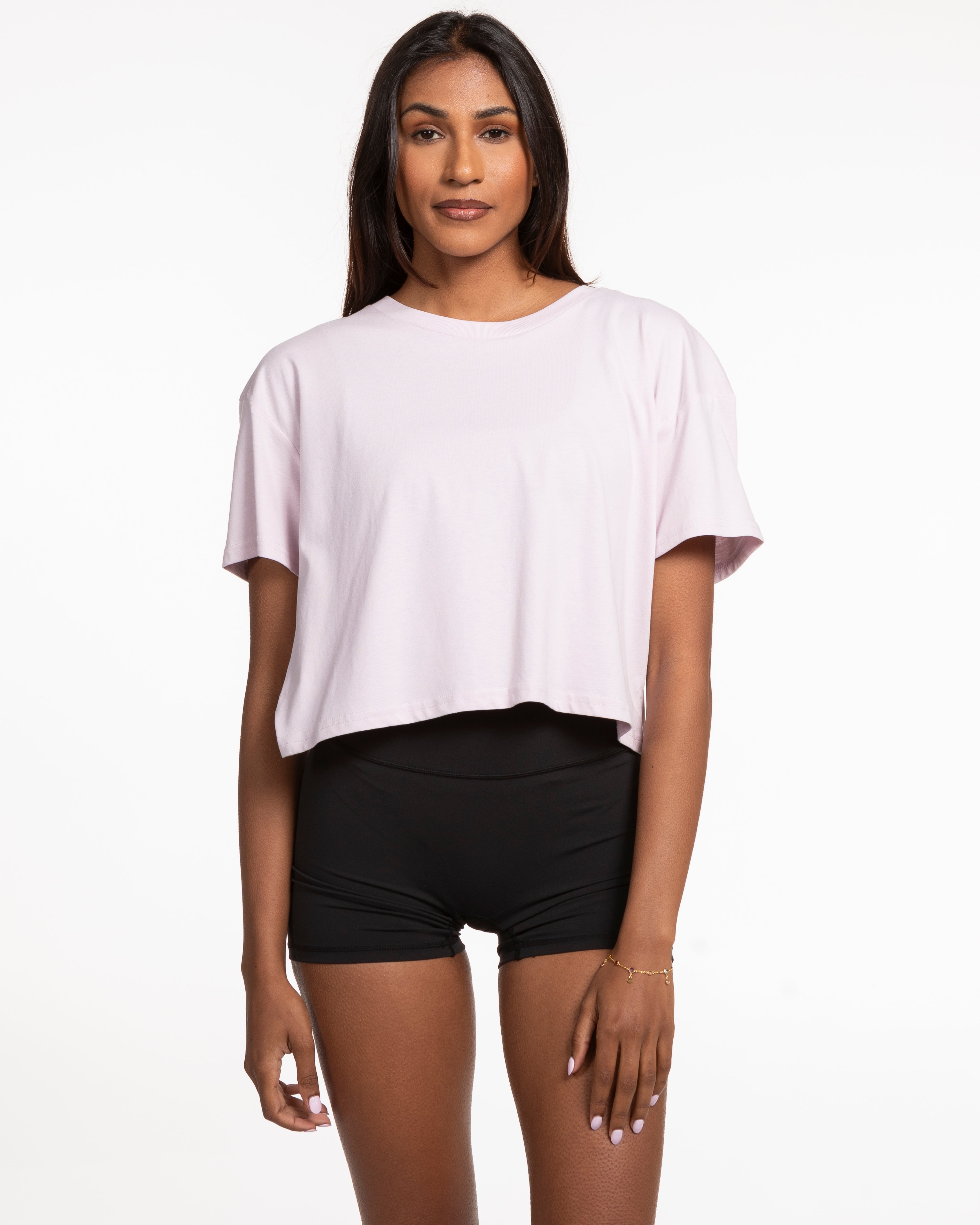 The Crop Tee - Orchid - Fit 4 Mom North County Inland - Left Chest & Back Stacked - Printed - White