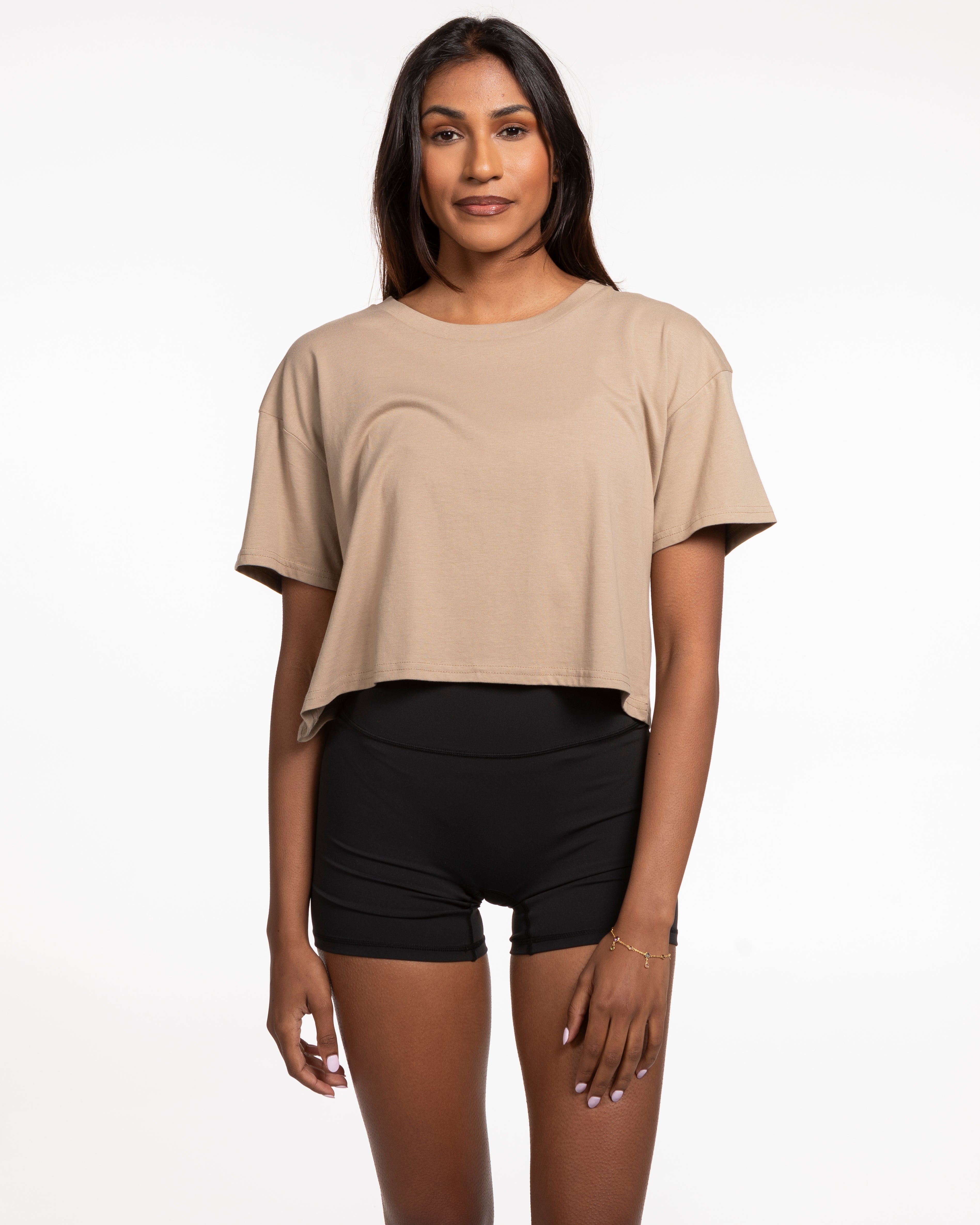 The Crop Tee - Sand - F45 La Costa - Front Round 700 Stacked - White