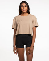 The Crop Tee - Sand - F45 La Costa - Front Round 700 Stacked - White