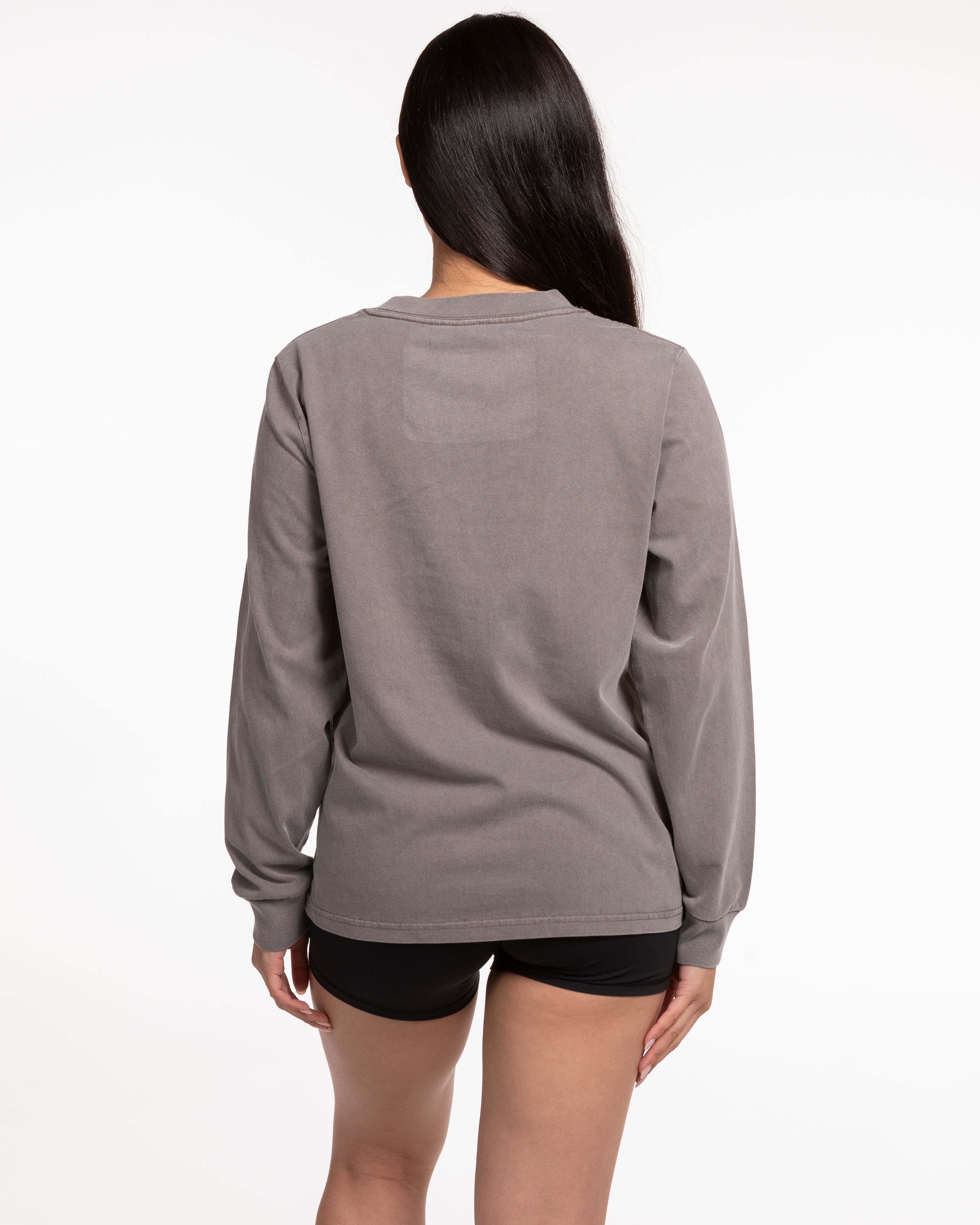 The Womens Heavyweight Long Sleeve - Washed Gray - Studio 11 - Left Chest & Back Center Stacked - White
