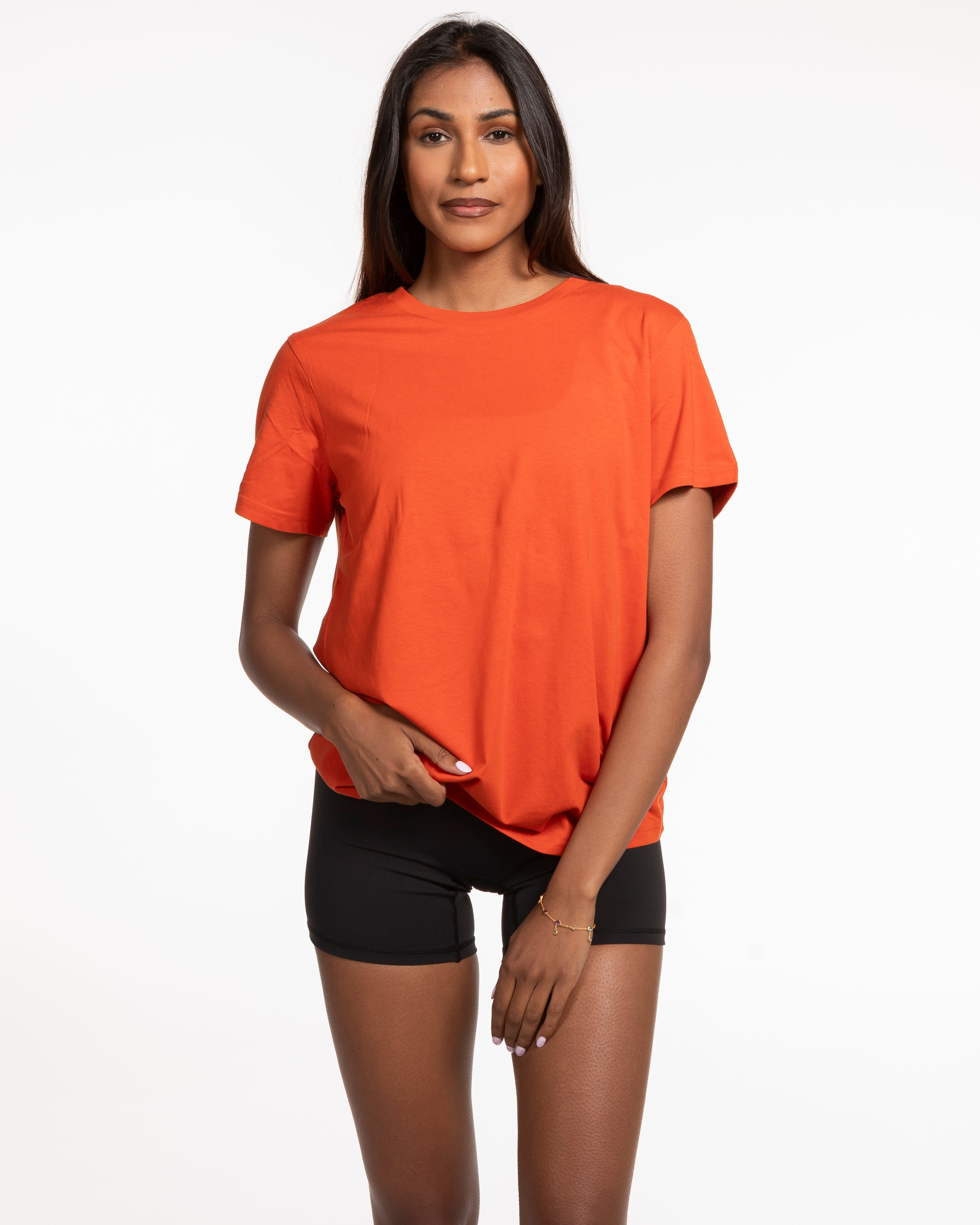 The Womens Tee - Autumn - Lava - Center Chest & Center Back Stacked - White Printed
