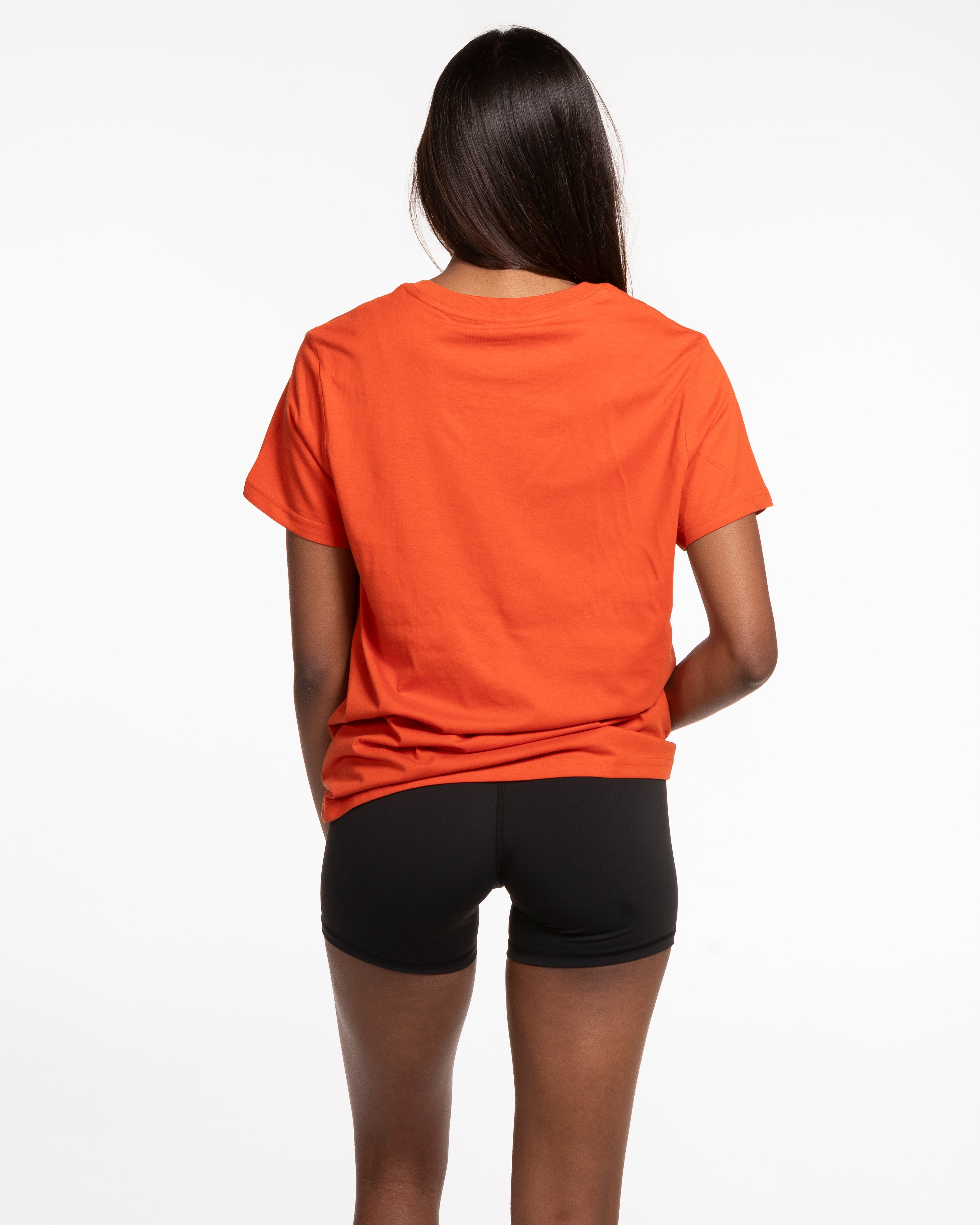 The Womens Tee - Autumn - Lava - Center Chest & Center Back Stacked - White Printed