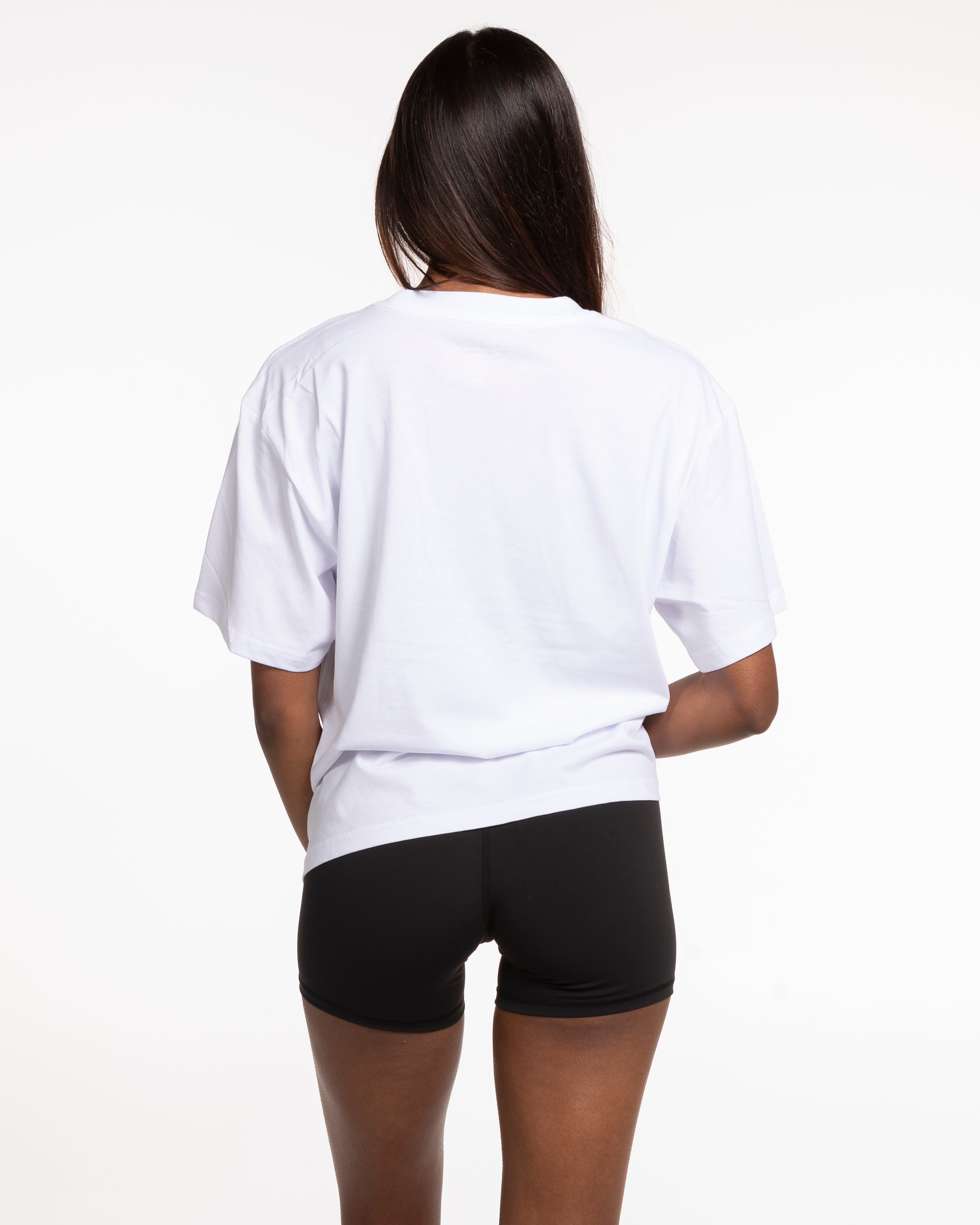 The Womens Oversized Tee - White - Mantra - Center Chest Stacked & Back Center Neckline - Blue