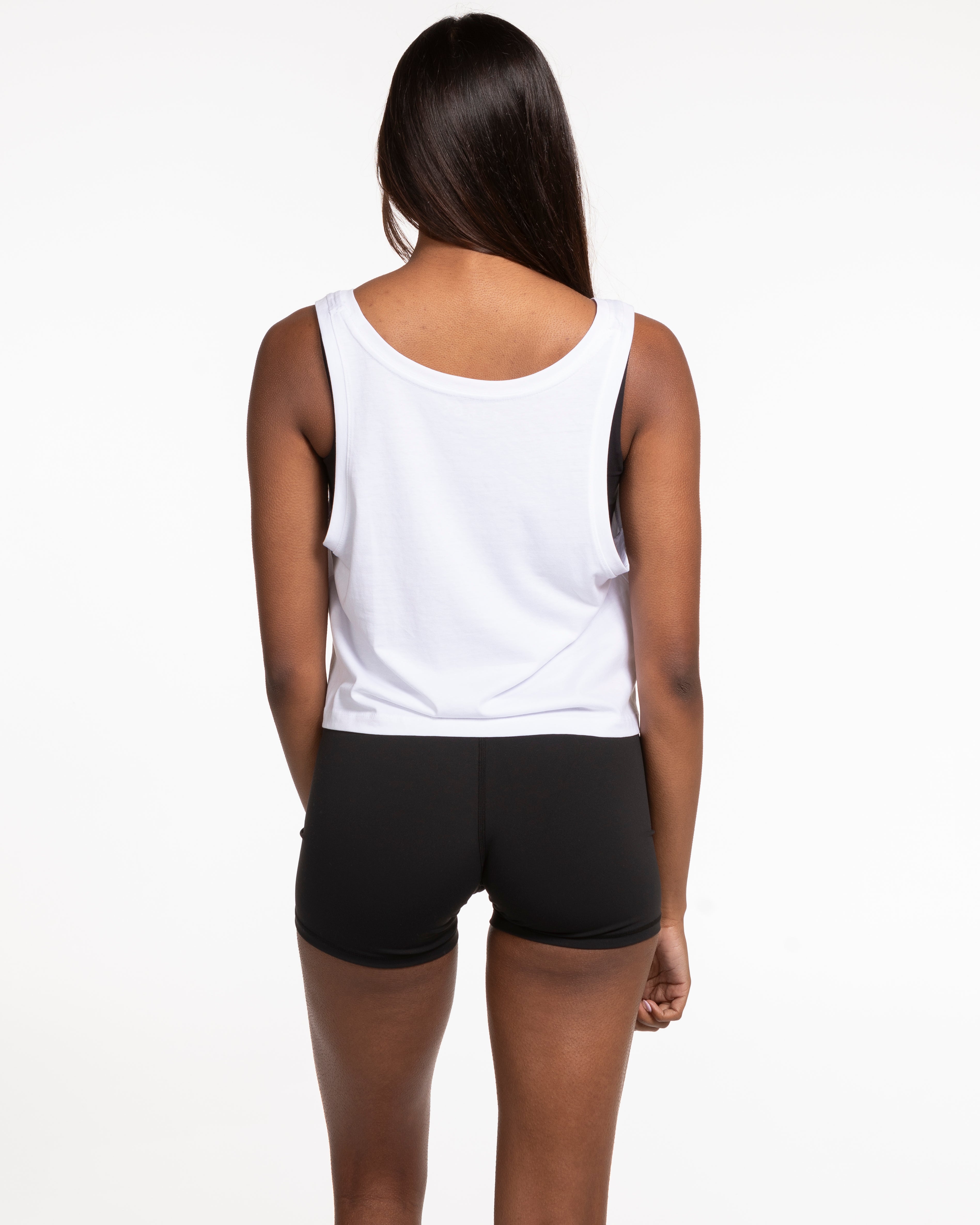 The Crop Tank - White - Mantra - Center Chest Stacked "ODESA" & Back Center Neckline - Printed - Black
