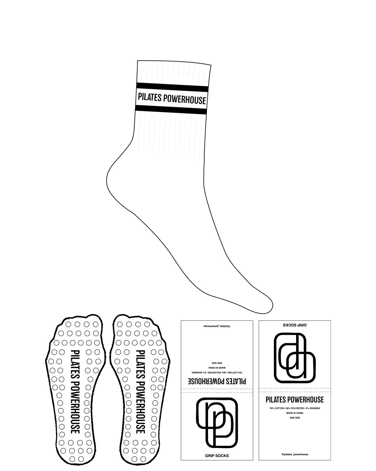 The 3/4 Crew Sock - White - Pilates Powerhouse - 2 Lines - Text In Between - Black - Circle Shape Grip - Black