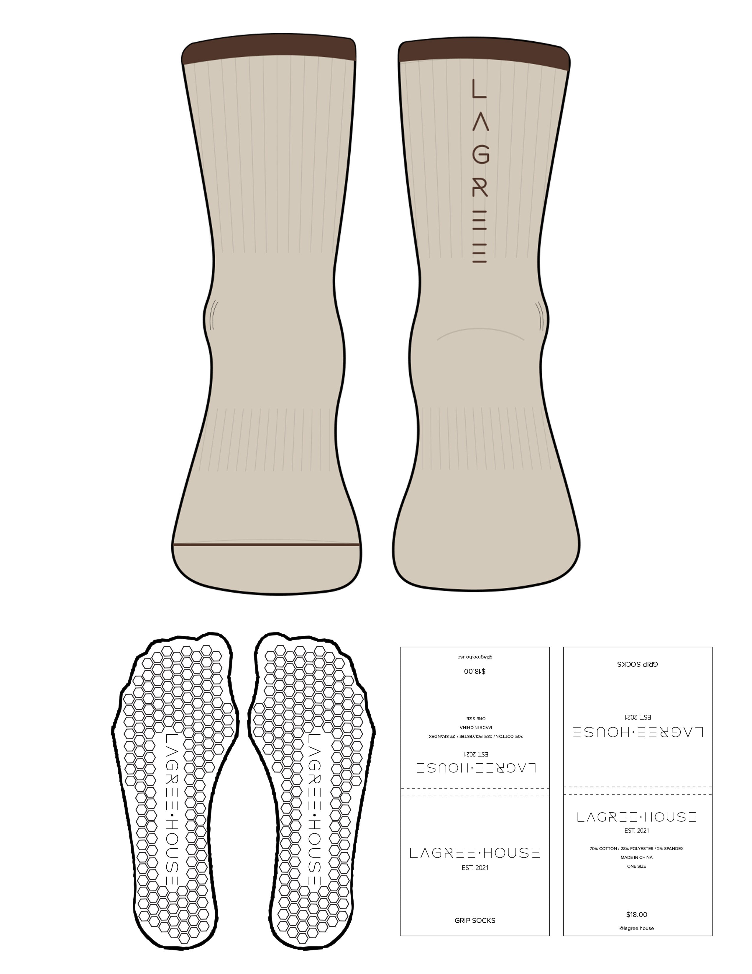 The 3/4 Crew Sock - Oat Milk - Lagree House - Dark Brown Stripes - Top Front & Back Logo - Printed - Dark Brown - Hexagon Grip - Transparent