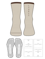 The 3/4 Crew Sock - Oat Milk - Lagree House - Dark Brown Stripes - Top Front & Back Logo - Printed - Dark Brown - Hexagon Grip - Transparent