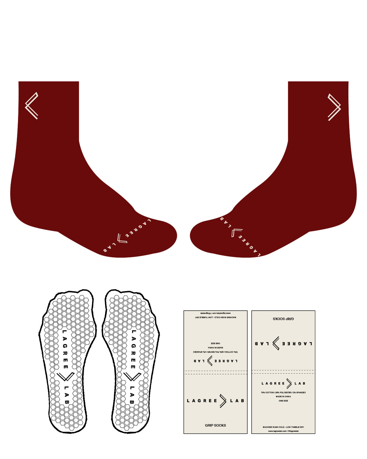 The 1/2 Crew Sock - Maroon D73 - Lagree Lab - Back Ankle - Icon - Bottom Toe - Text - Beige L118 - Hexagon Shape Grip - Transparent
