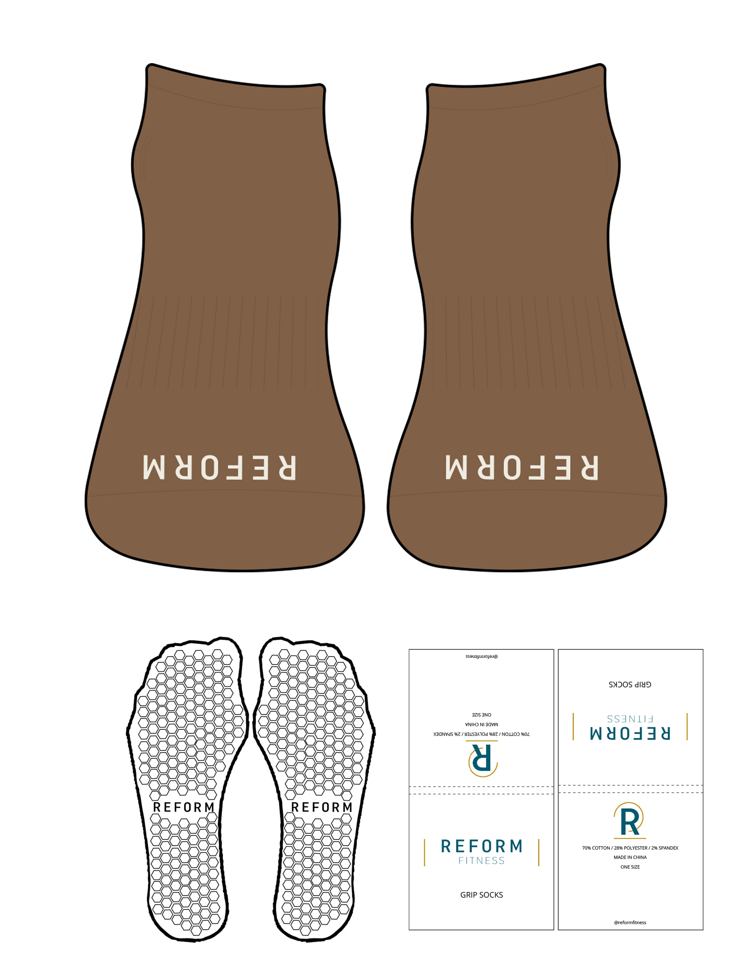 The Ankle Sock - Tan - Reform Fitness - Toe Logo - Marshmallow - Hexagon Grip - Transparent
