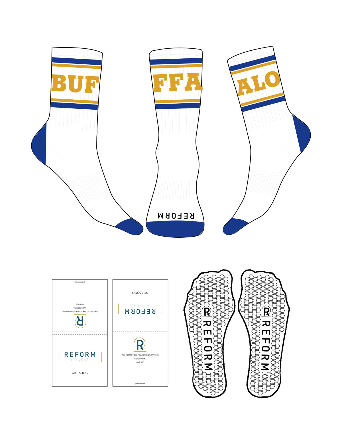 The Crew Sock - White - Reform Fitness - 4 Stripes - Full Color - BUFFALO - Yellow Sunbeam - Toe & Heel - Blue - Hexagon Grip - Transparent