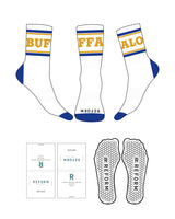 The Crew Sock - White - Reform Fitness - 4 Stripes - Full Color - BUFFALO - Yellow Sunbeam - Toe & Heel - Blue - Hexagon Grip - Transparent