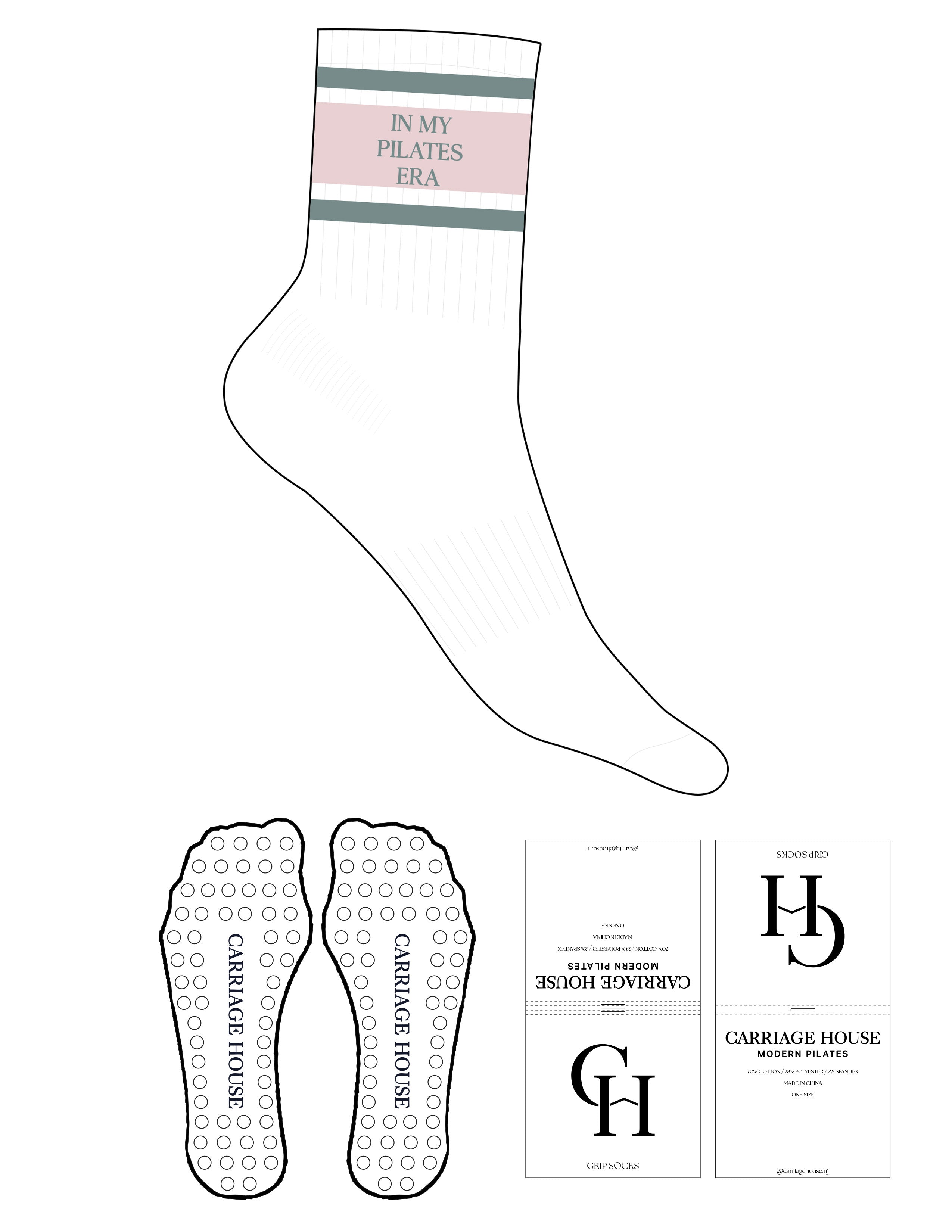 The 3/4 Crew Sock - White - Carriage House - 3 Stripes Coastal & Blushed Ivory - Top Logo Stacked Embroidered - Coastal - Circle Grip - Blushed Ivory