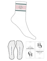 The 3/4 Crew Sock - White - Carriage House - 3 Stripes Coastal & Blushed Ivory - Top Logo Stacked Embroidered - Coastal - Circle Grip - Blushed Ivory