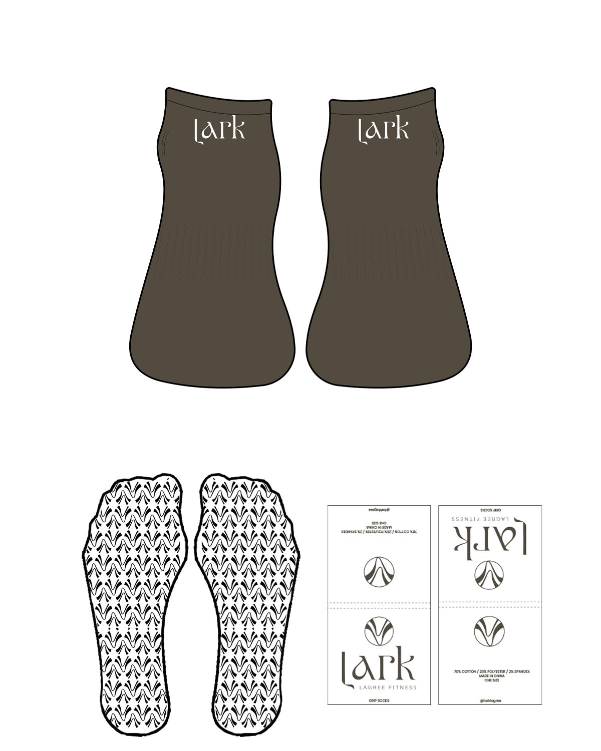 The Ankle Sock - Umber - Pure Movement LARK - Top Back Logo - Almond Milk - Icon Shape Grip - Transparent