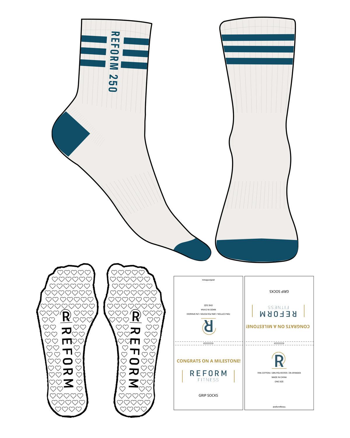 The 3/4 Crew Sock - Cloud Dancer - Reform Fitness - 3 Stripes - Reform 250 - Toe - Heel - Moraccan Blue - Heart Grip - Moraccan Blue